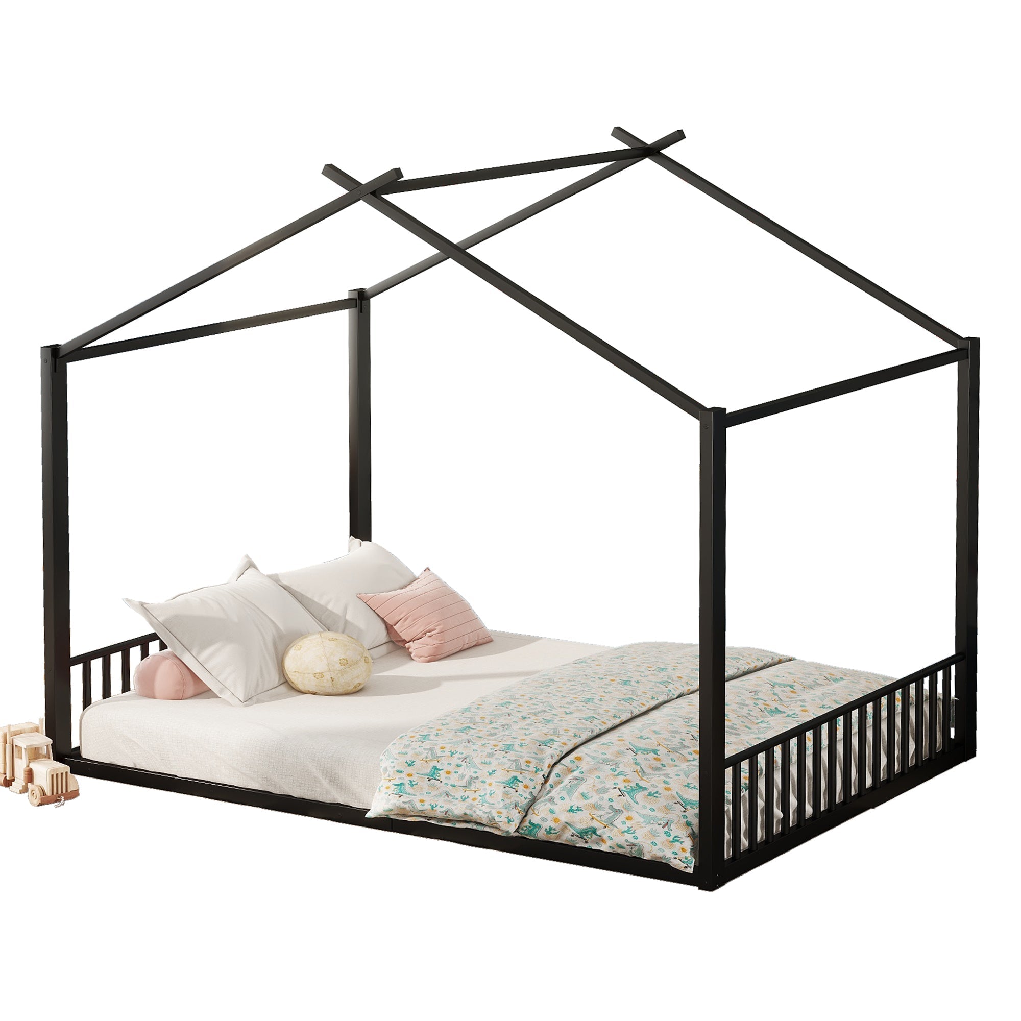 Children's Flat Bed 140x200cm House Rail Iron Frame Black