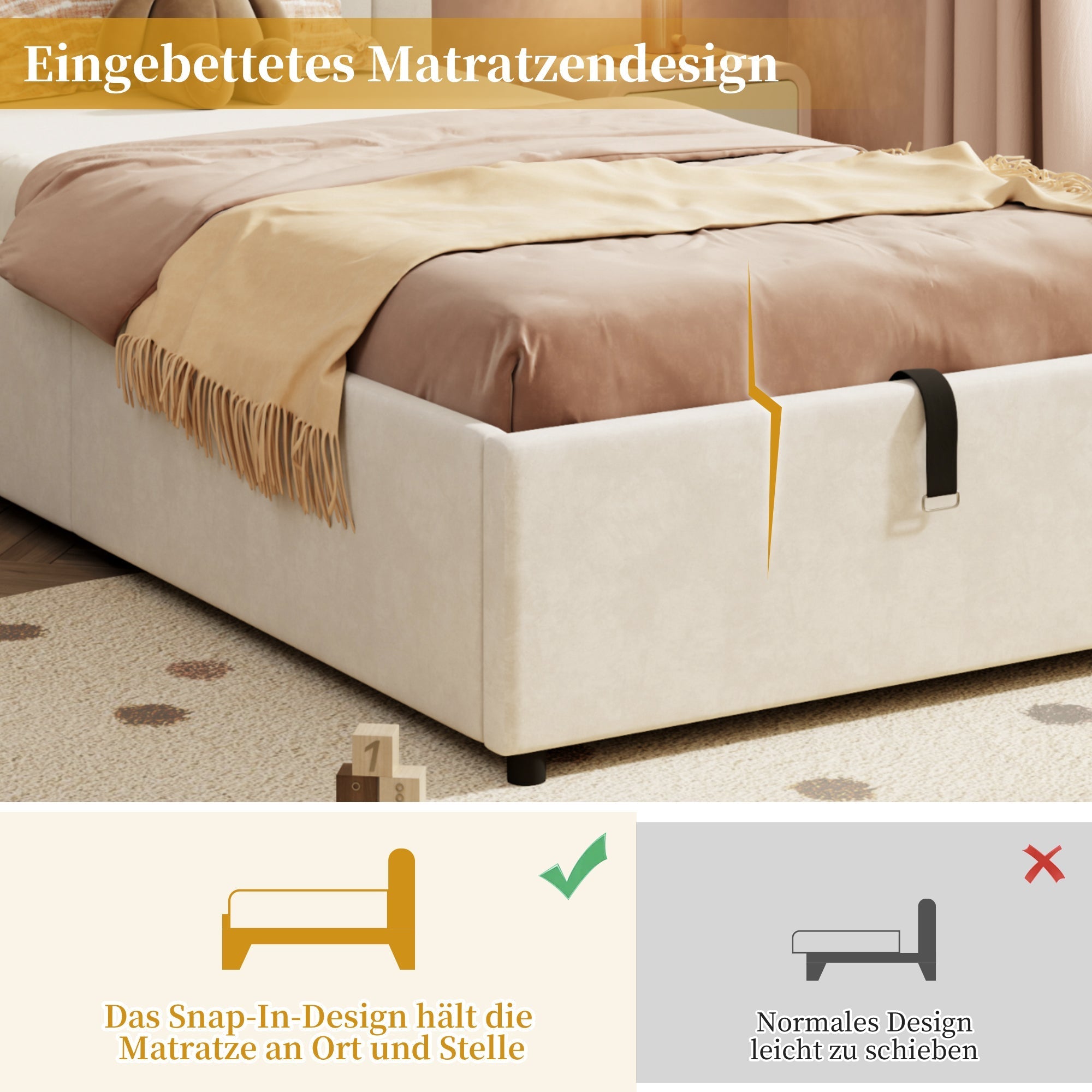 Upholstered Single Bed 90x200 with Slatted Base and Headboard, Beige Velvet