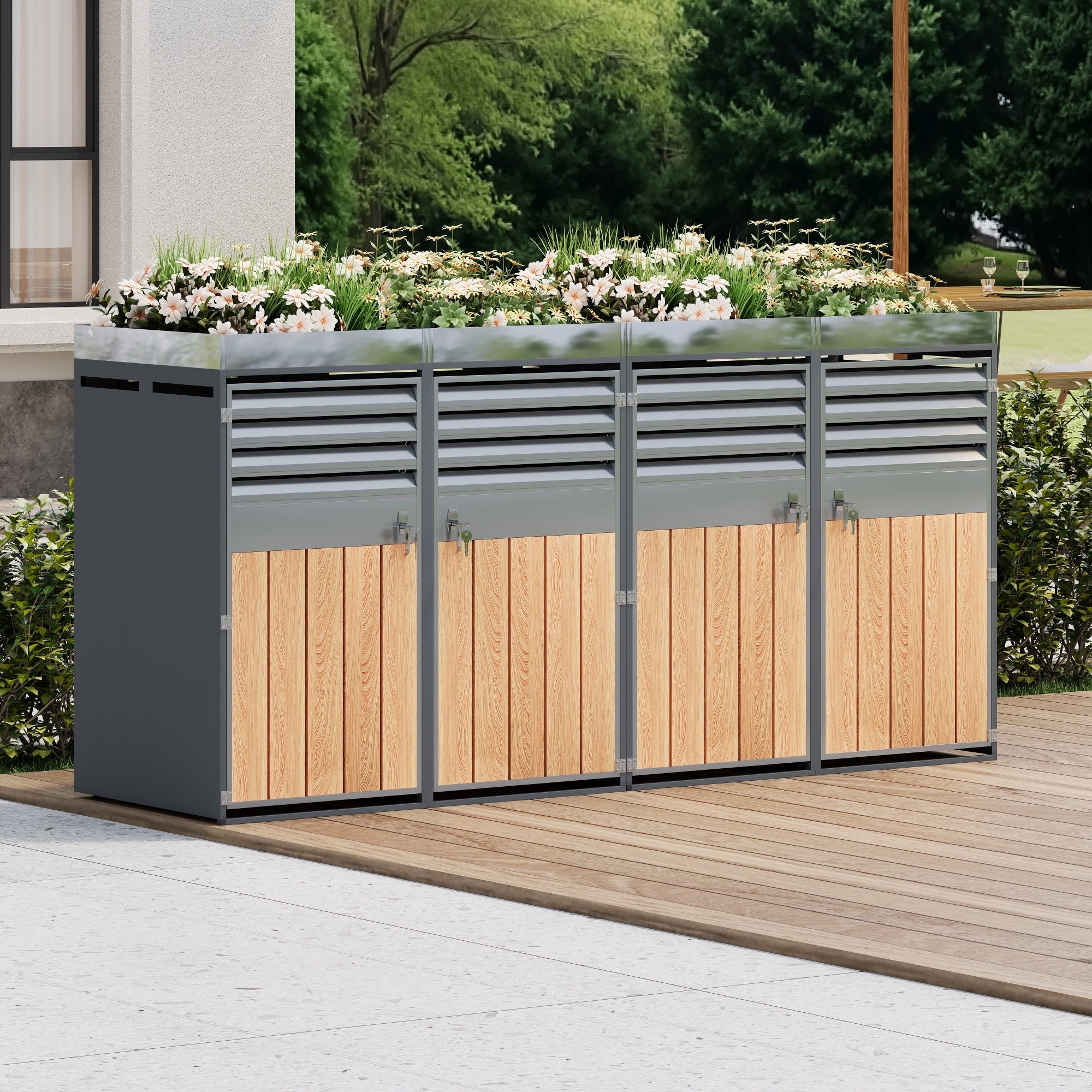 Garbage Can Enclosure with Ventilated Louvers, Lockable Four Doors and Planting Area, Galvanized Steel