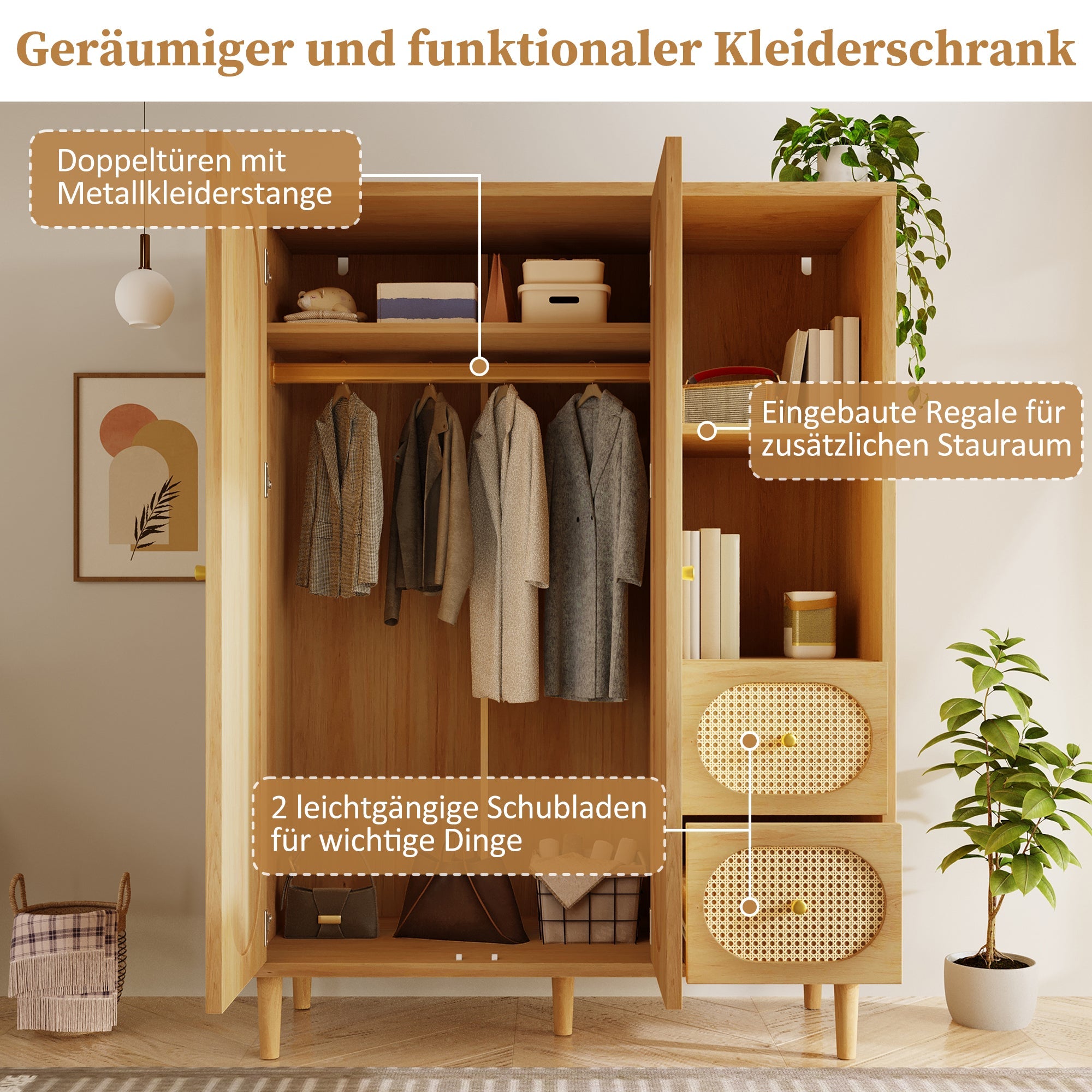 Country-Style Wardrobe with 2 Doors, 2 Drawers and Open Shelves, 161x120x44cm, Oak Wood