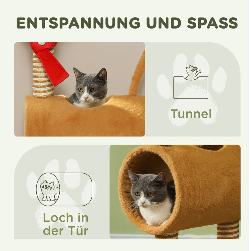 Katzenbaum 98cm Reh-Design, Höhle, Spielball, Jutestämme Braun