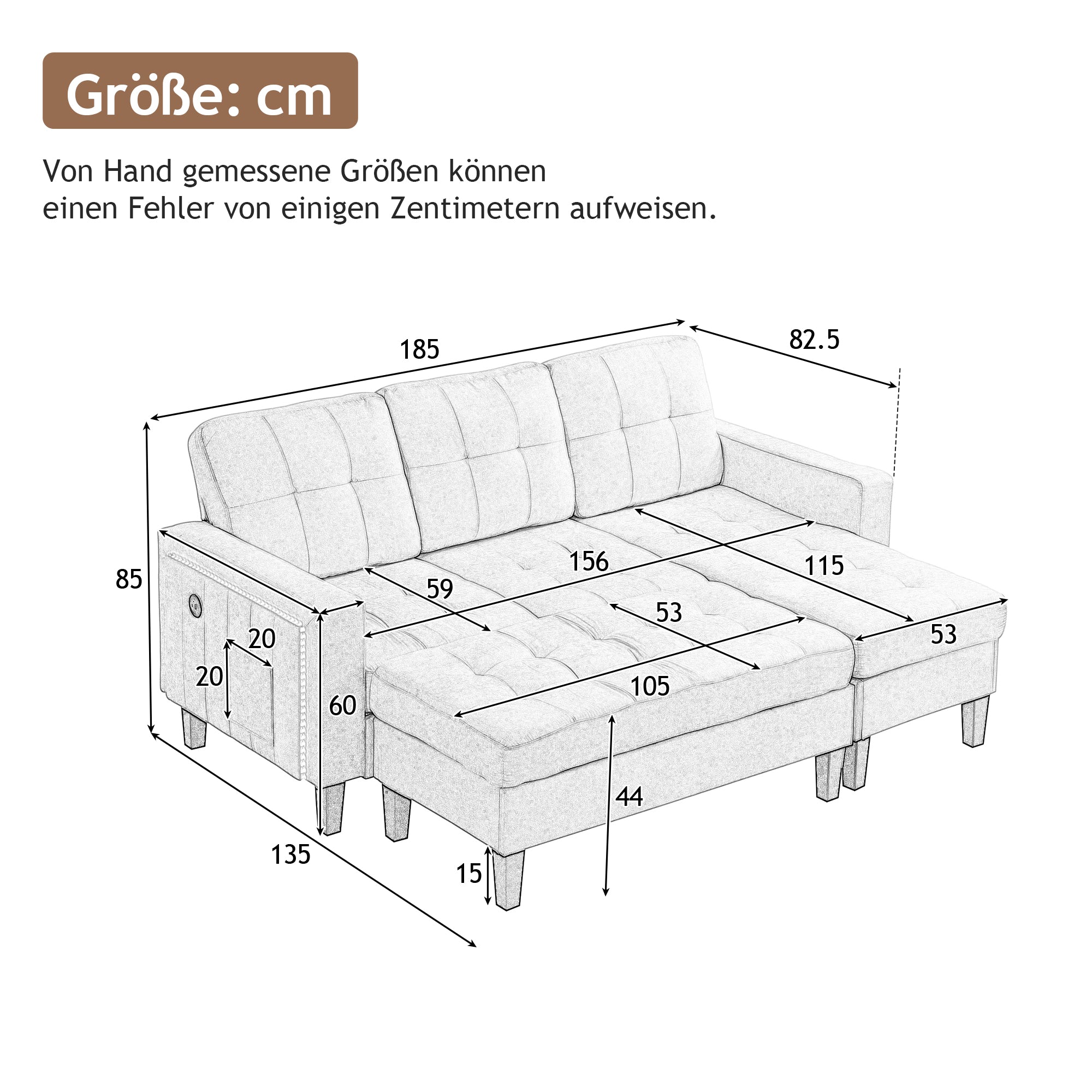 Sofa Set, L-Shaped Modular with Movable Footstool & LED Lighting