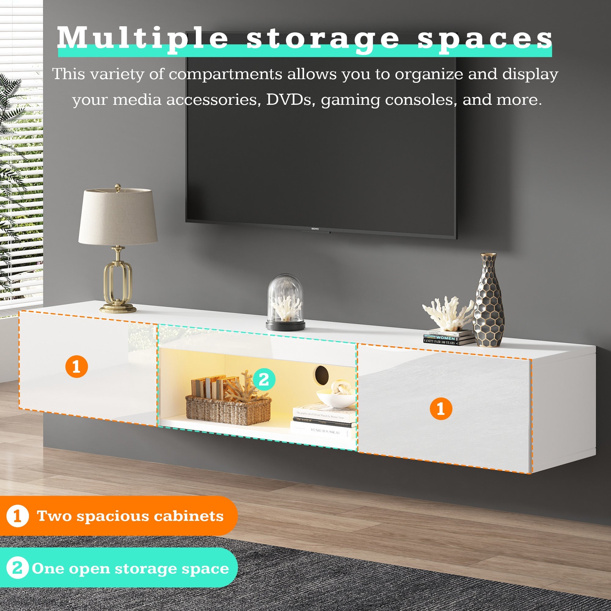 Wall Cabinet, 160x31x22cm for 70-inch TV, 30kg load, LED lighting, Bluetooth APP, high-gloss white