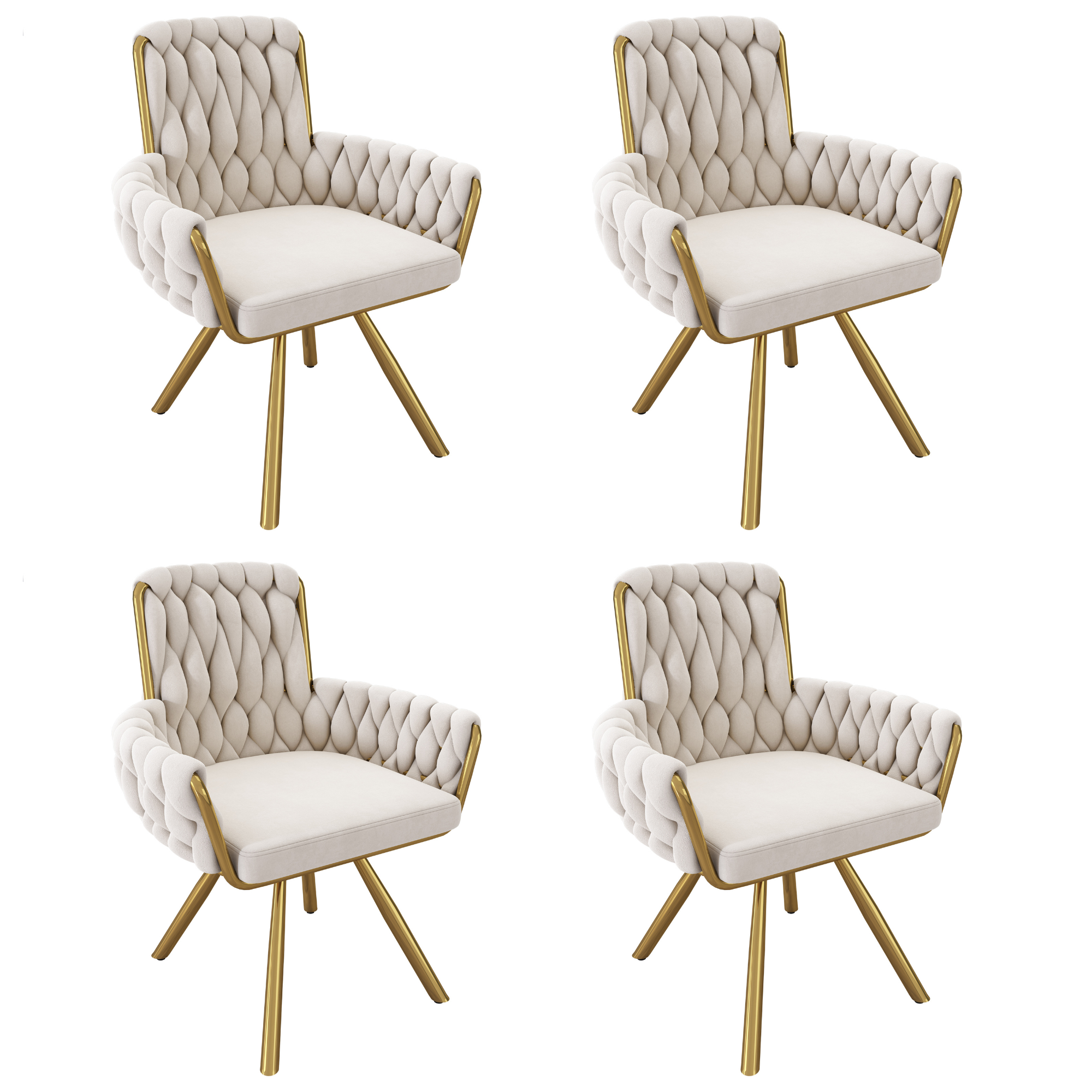 Velvet Dining Chair Set of 4, Luxury Swivel Armchair with Metal Legs, Beige Velvet