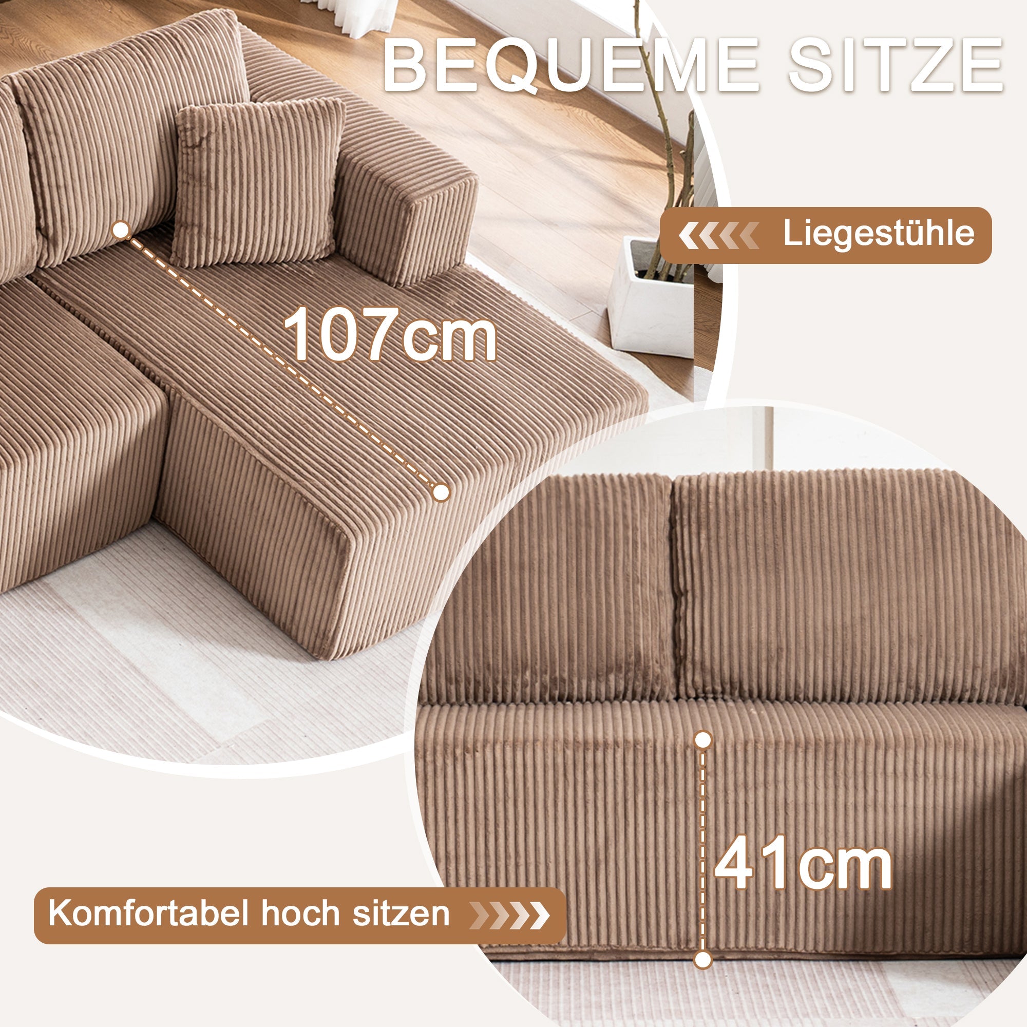 Modern U-Type Leisure Sofa with Modular Non-Assemble Design and Lounge Chairs, Lamp Fabric