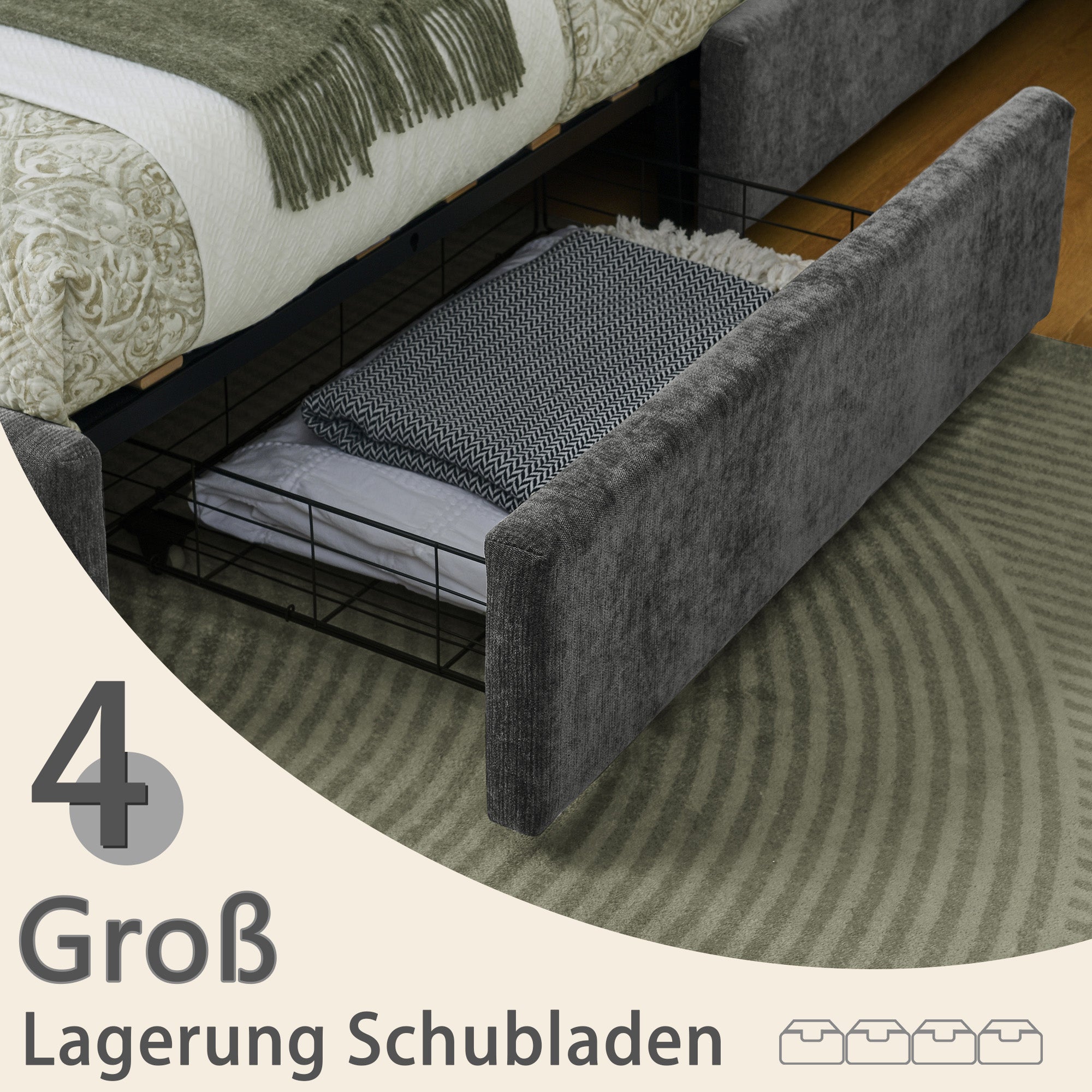 Double Bed 140x200cm with 4 Storage Drawers, Chenille Dark Grey
