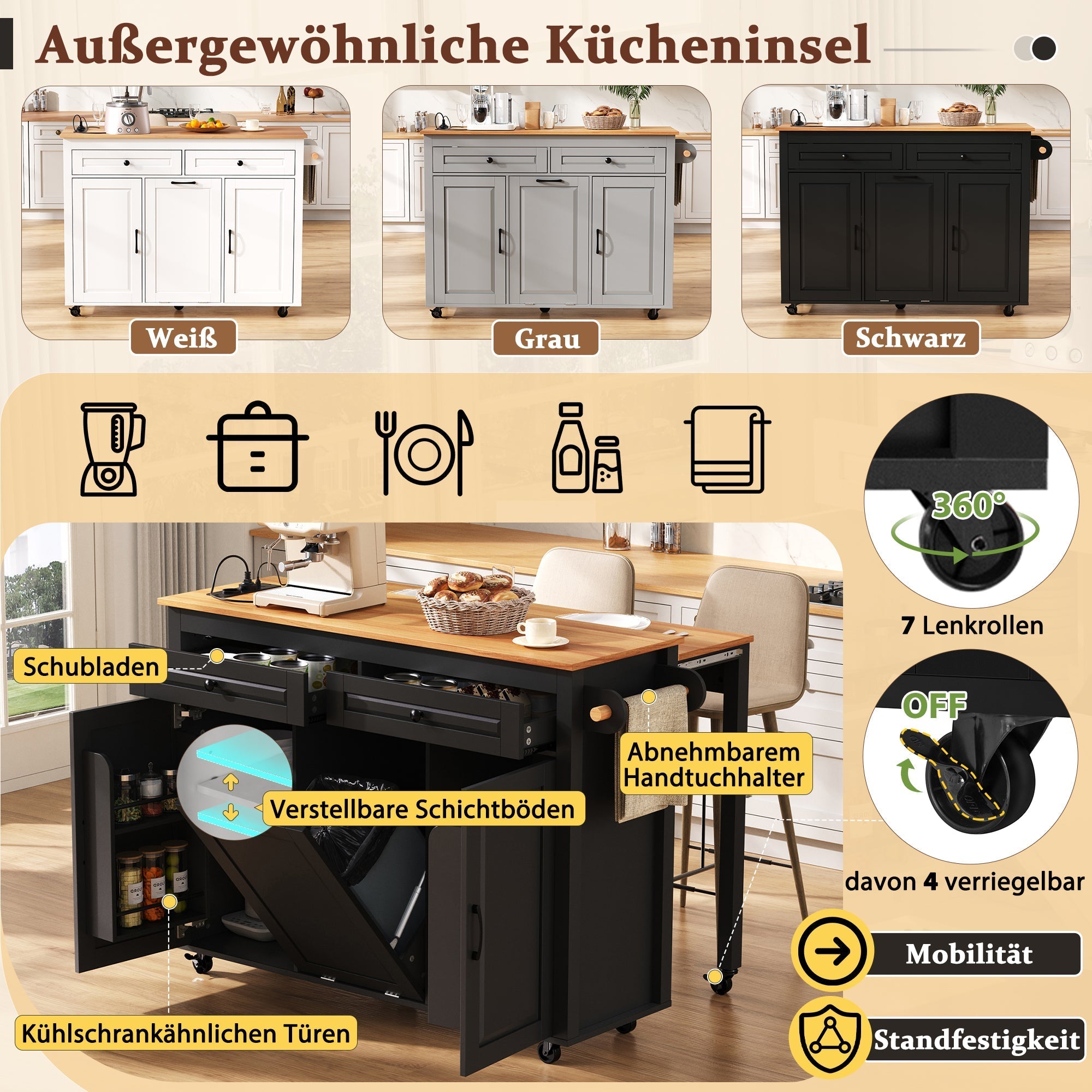 Kitchen Island Mobile Extendable Dining Worktop Waste Bin Power Strips - Black