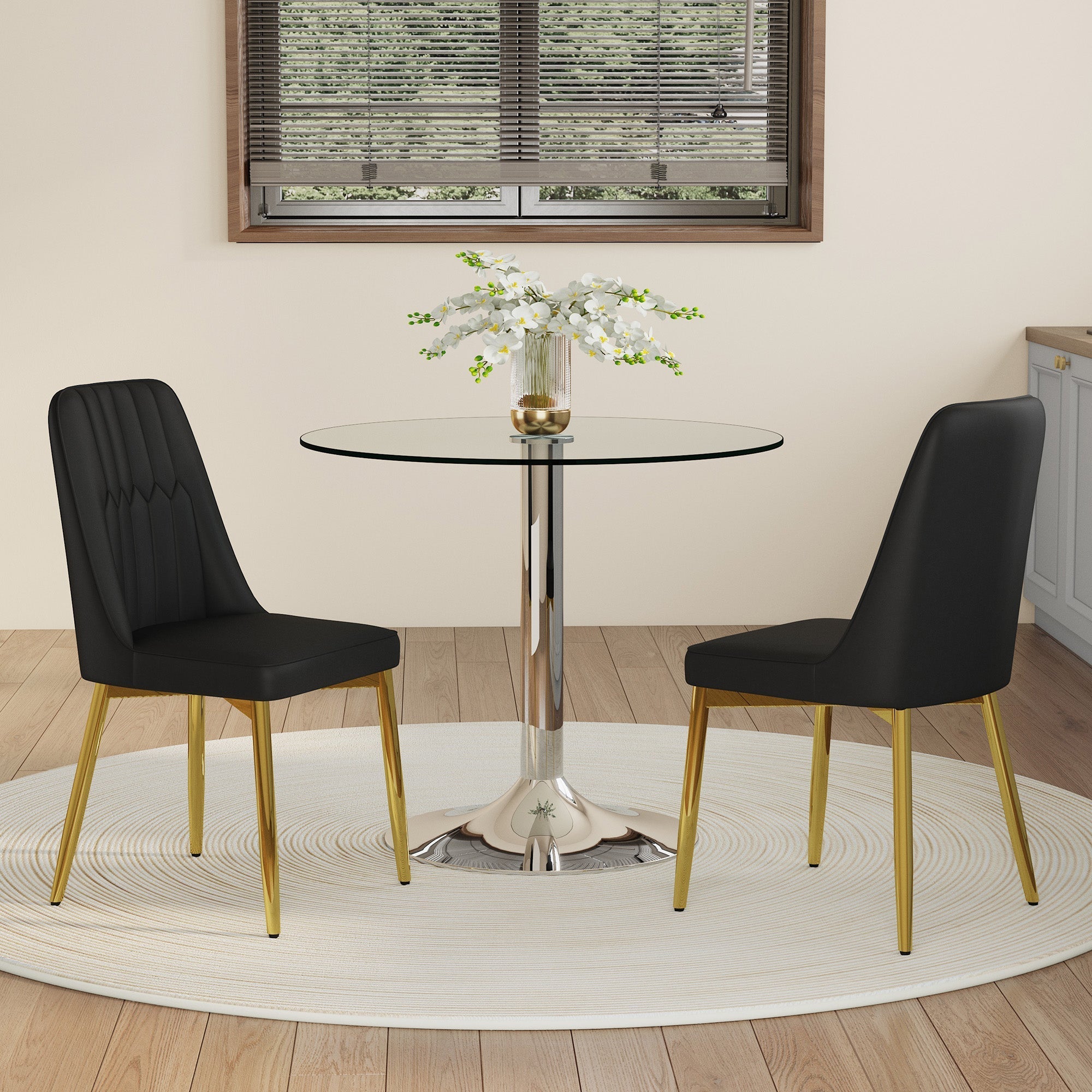 Dining Set 85cm Round Tempered Glass Table with 2 Black PU Chairs - Black/Gold