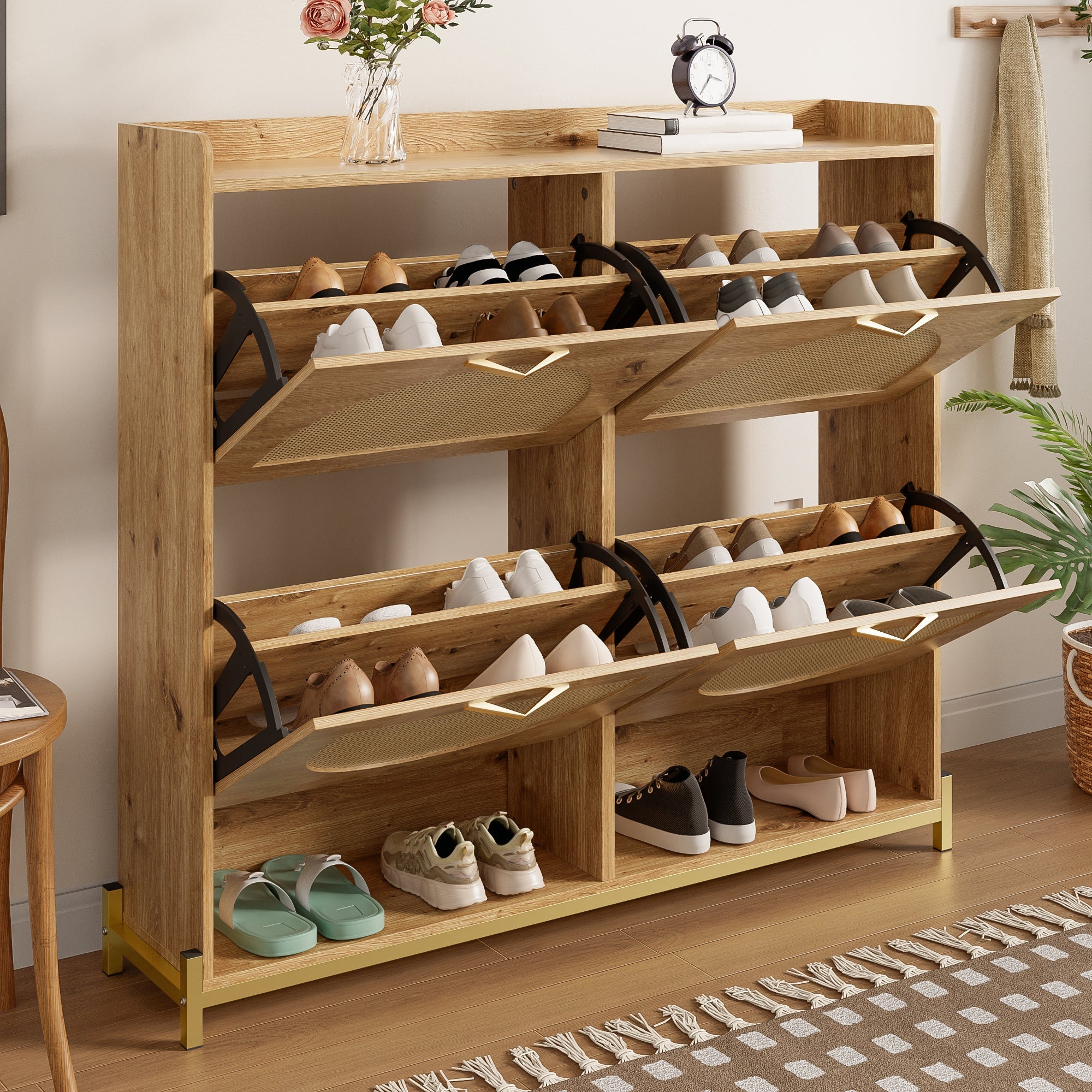 Shoe Cabinet, 4 Doors Metal Frame Top Shelf, Wooden Rattan