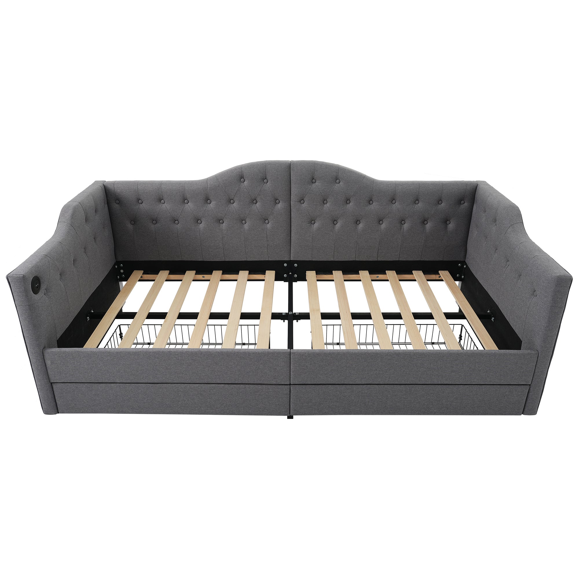 Upholstered Bed Daybed Sofa Bed Storage Bed with USB-C, 2 Drawers, 90x200cm, Grey Linen