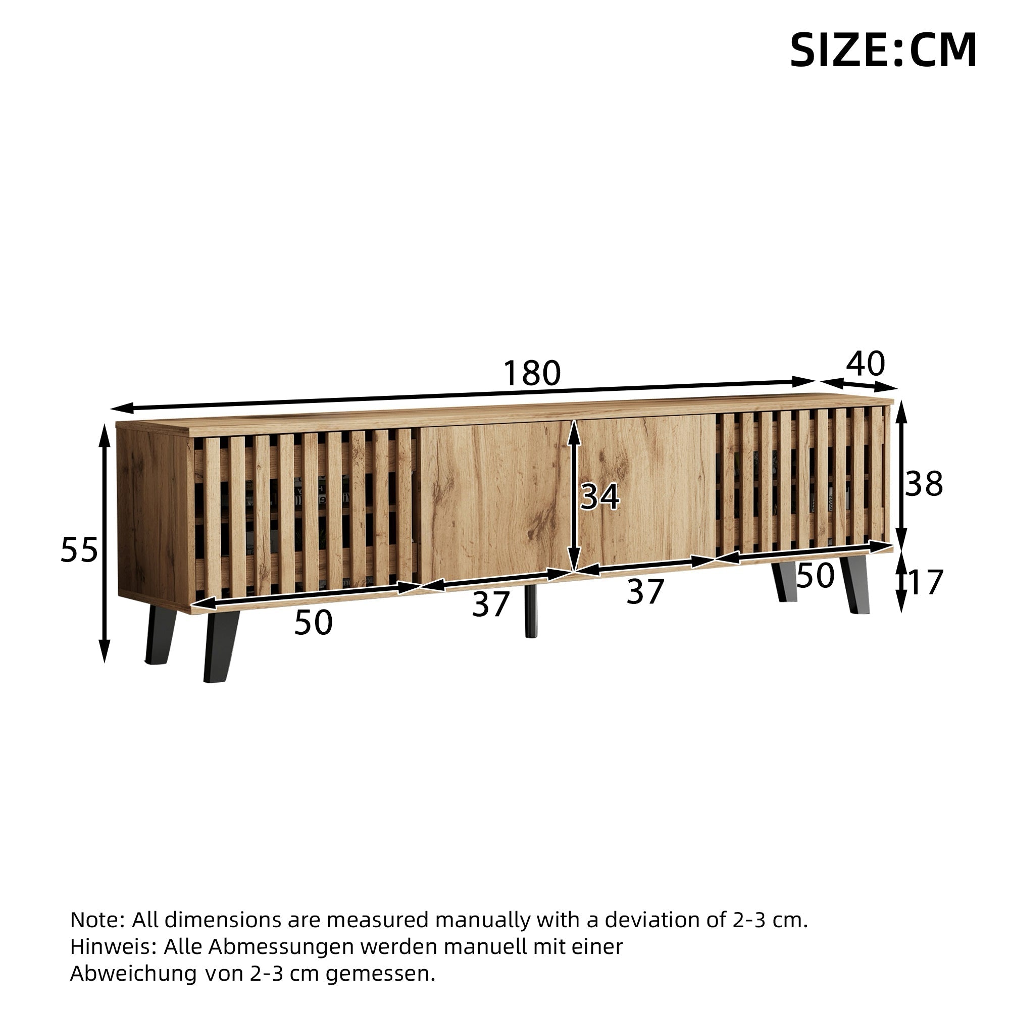 TV Cabinet 180x40x55cm Lowboard 8 Storage for 70-Inch TVs, Original Wood Color