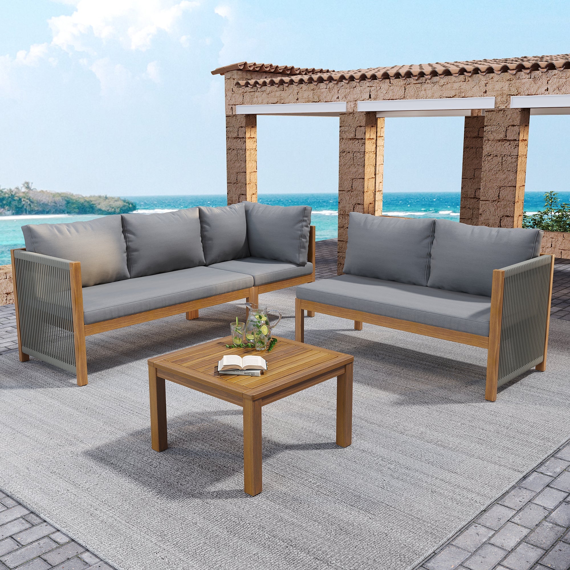 Garden Furniture Set with Corner Sofa and Acacia Wood Coffee Table, Grey