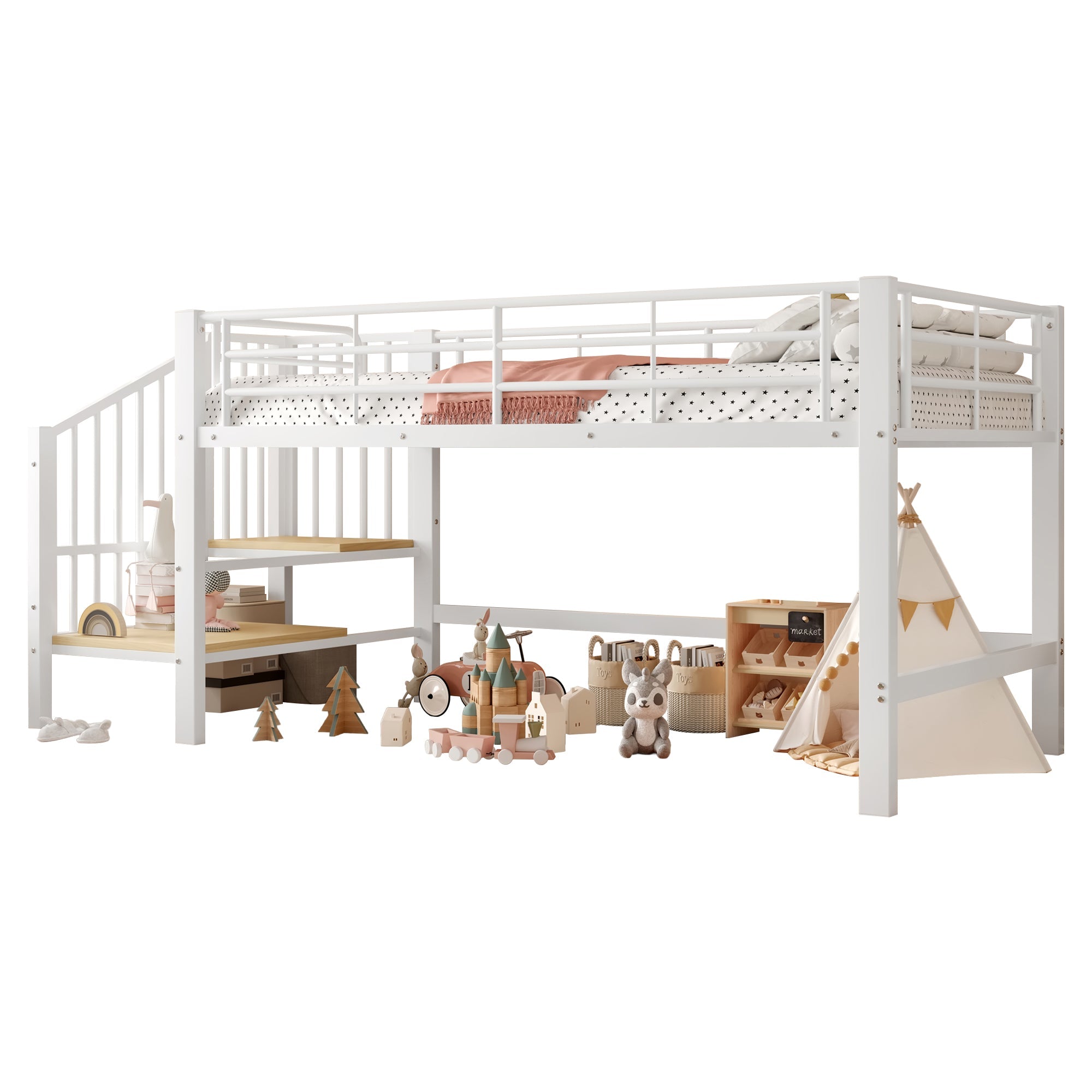 Loft Bed with Storage Stairs, 90 x 200 Semi-High, White