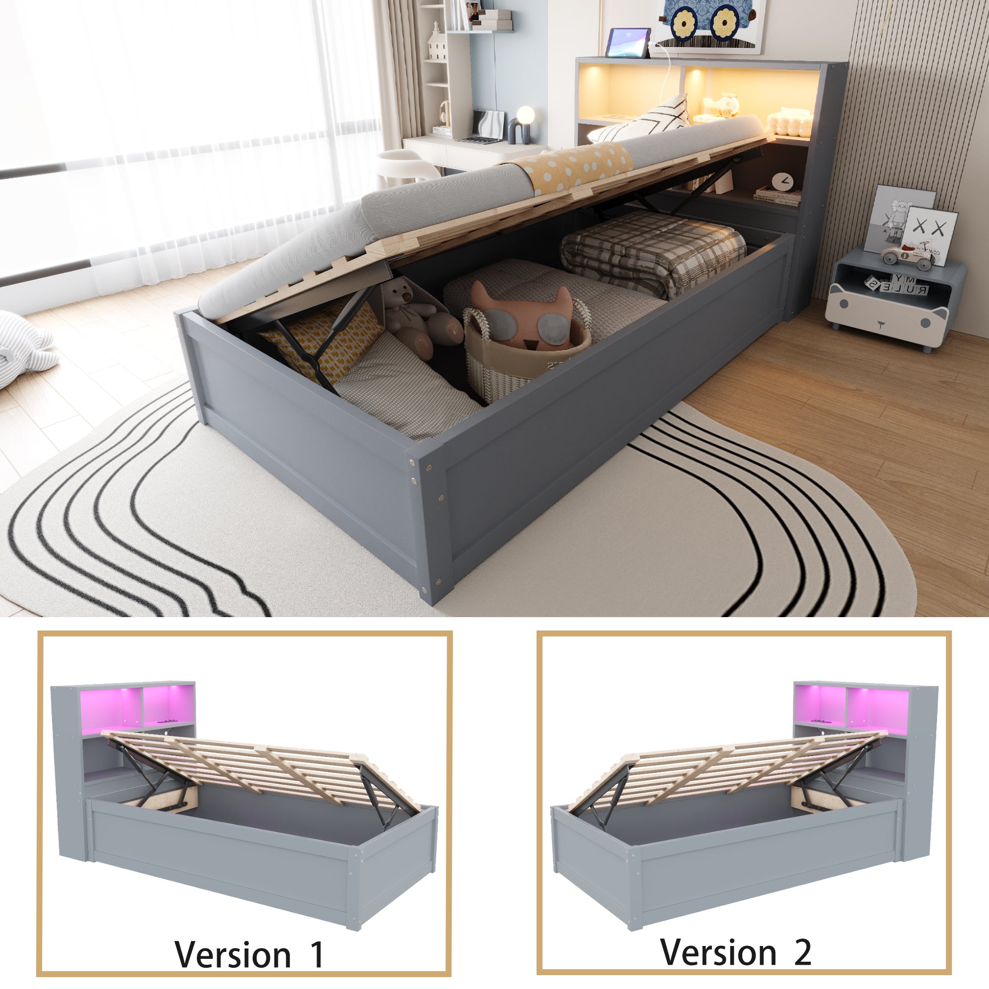 Sofa Bed 90*200, Hydraulic with Storage & Light Bar, Solid Wood, Gray