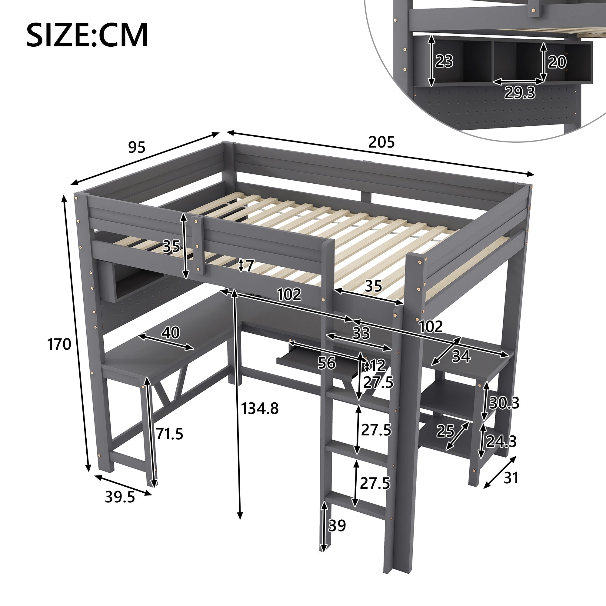 Gaming Loft Bed with Desk, LED Lighting and Charging Station, 90 x 200 cm, Grey Wood