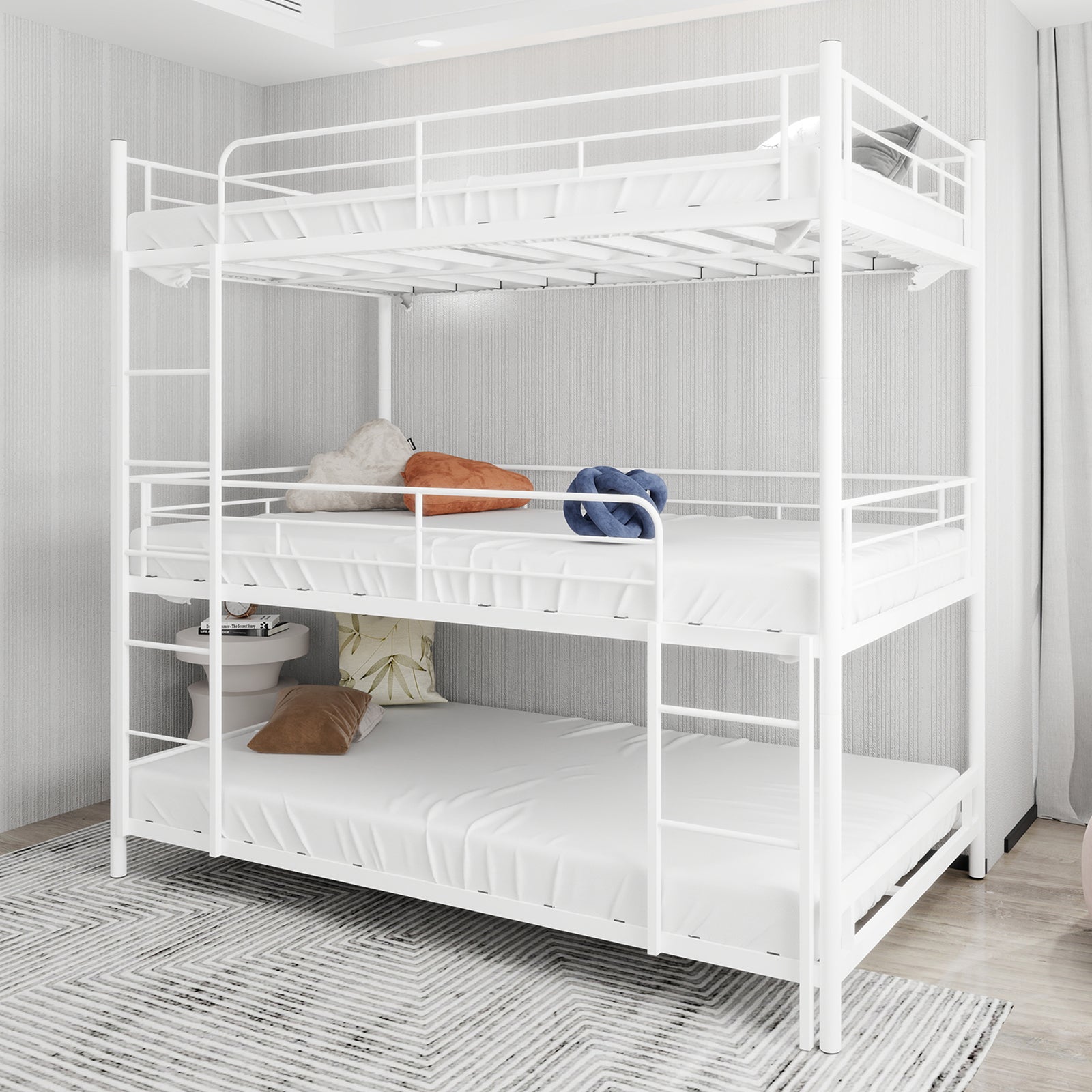Triple Frame Bed, Heavy-Duty with Built-in Ladder & Railing, Metal