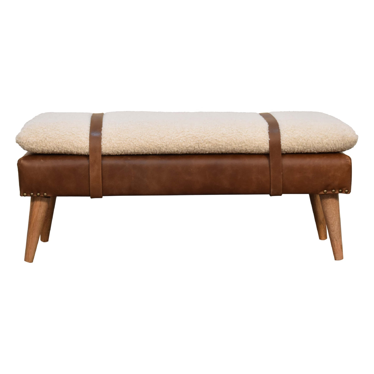Solid Wood Bench, Upholstered Bouclé Buffalo Hide Leather, Beige
