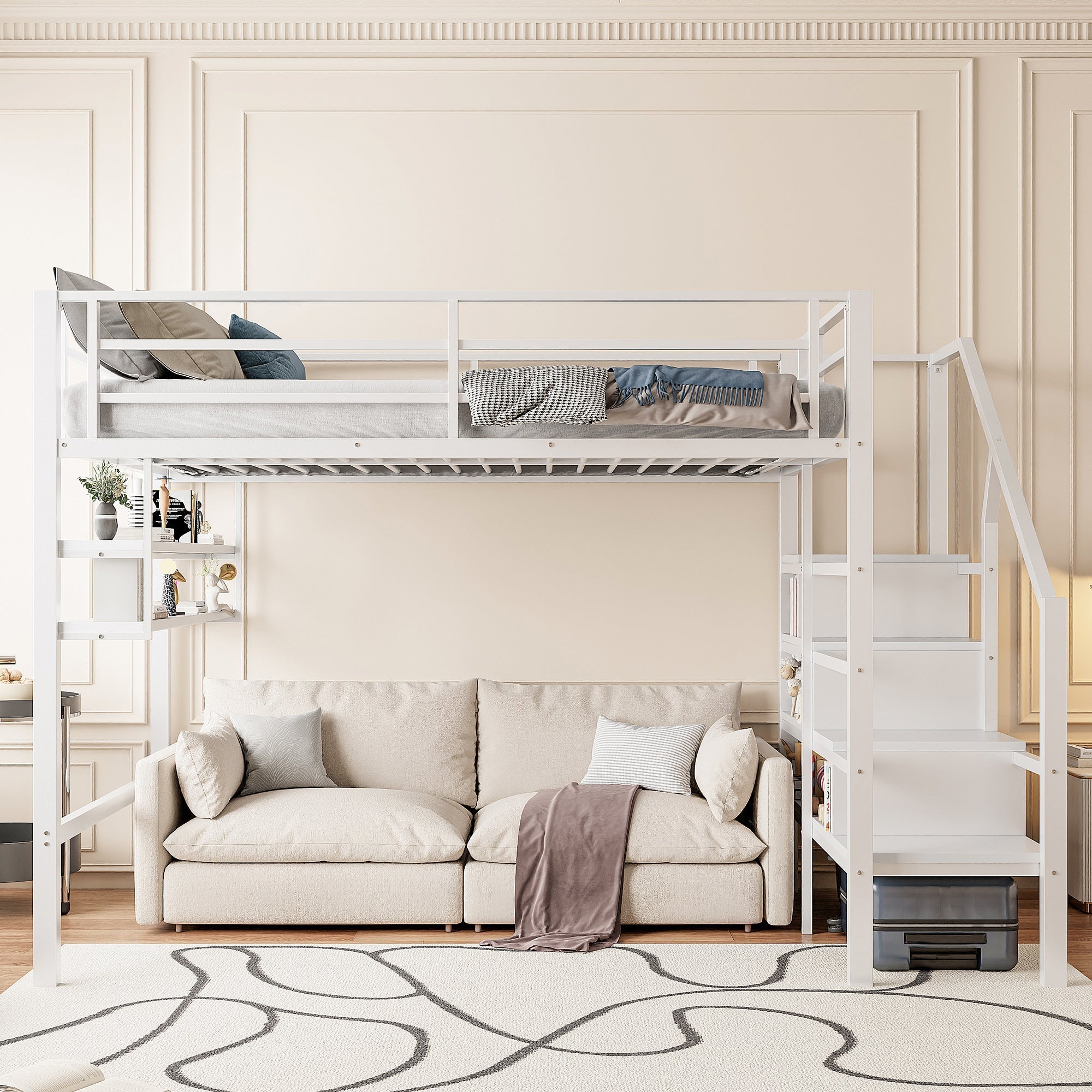 Loft Bed with Storage Ladder and Shelves, 140x200cm, White