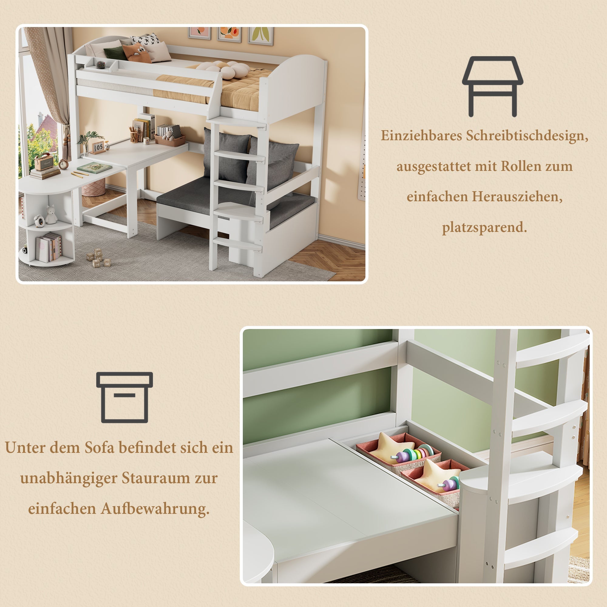 Multifunctional Children's Bunk Bed with Pull-out Table, Sofa with Storage and Three Cushions, 90x200cm, White Solid Wood