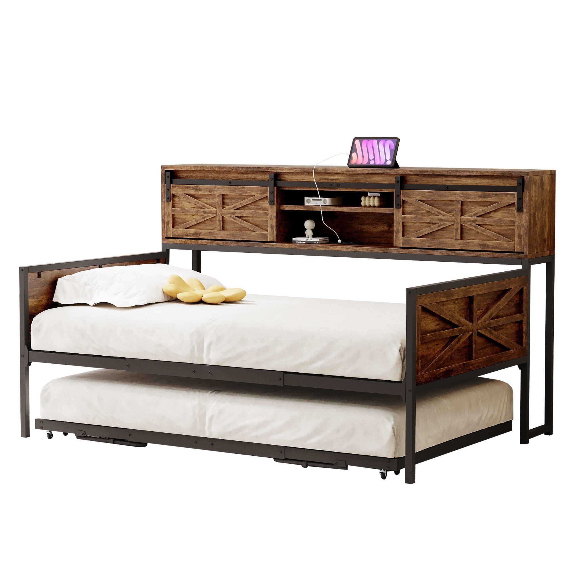 Sofa Bed, Pull-out with Storage & Sockets, Iron Black + Brown