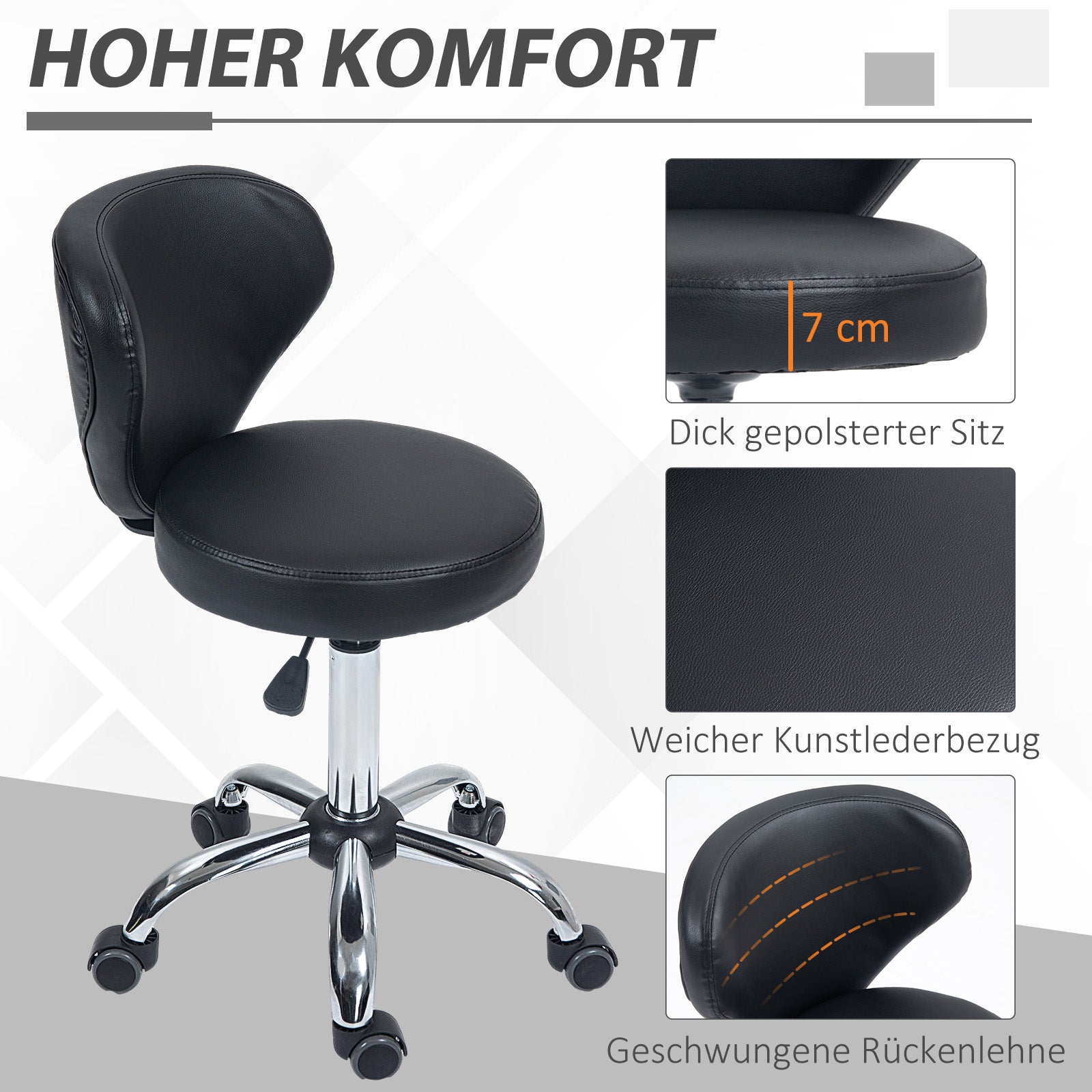 Rolling Stool Massage Stool, 360° Swivel Ergonomic Backrest, Black Faux Leather
