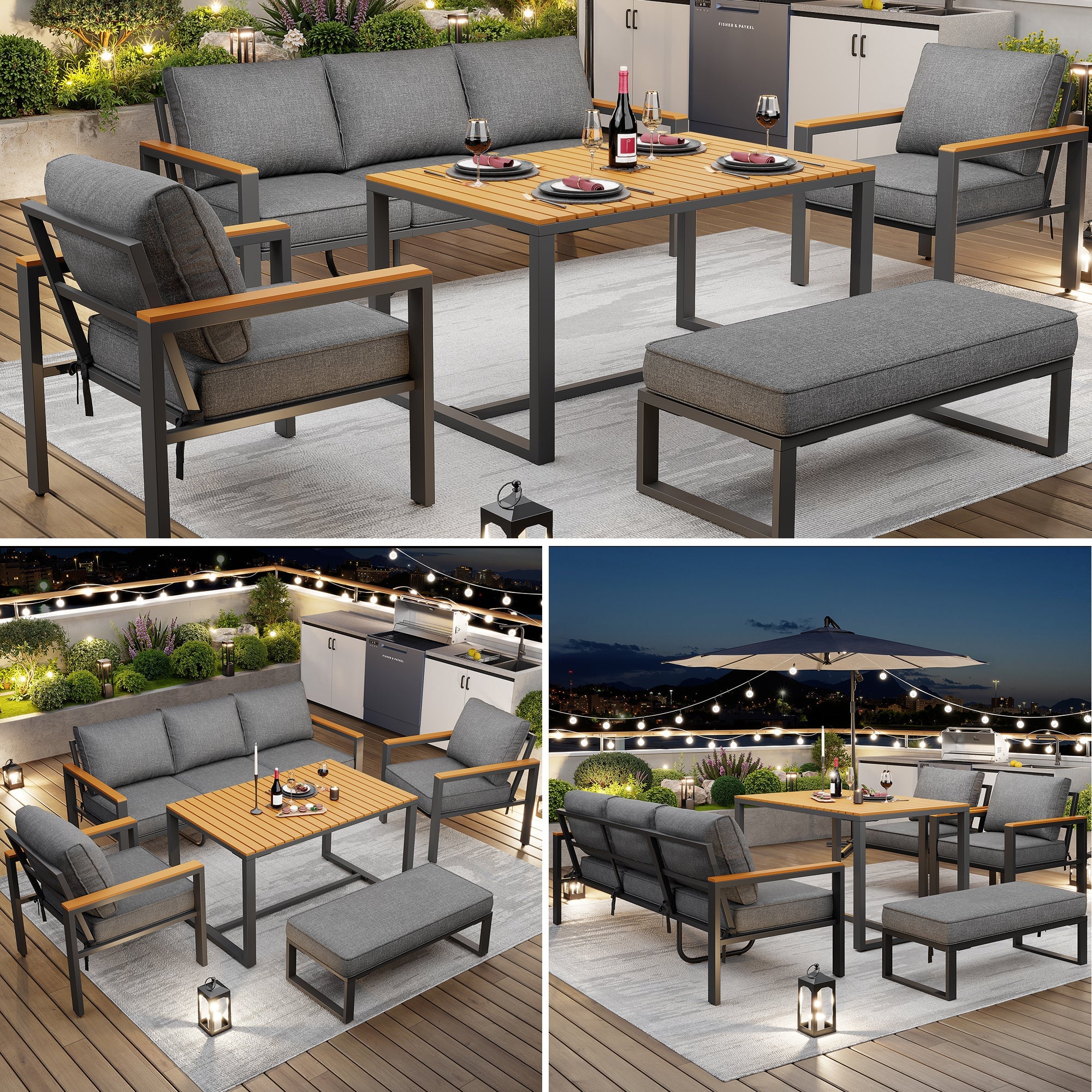 Garden Lounge Set for 6-7 People, Weatherproof Seating Group, Galvanized Iron Frame