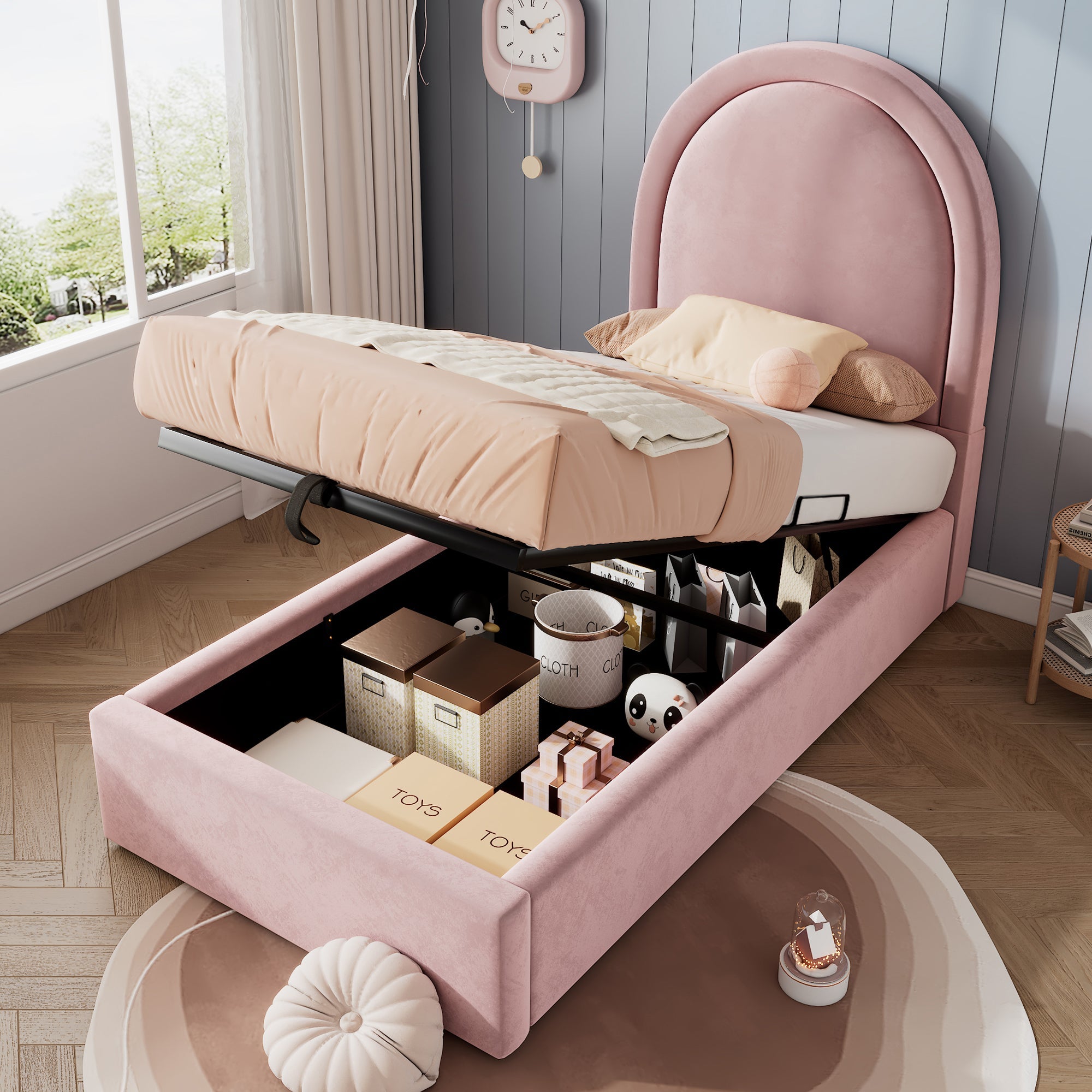 Upholstered Children's Bed, Single 90 x 200 cm, Pink Velvet