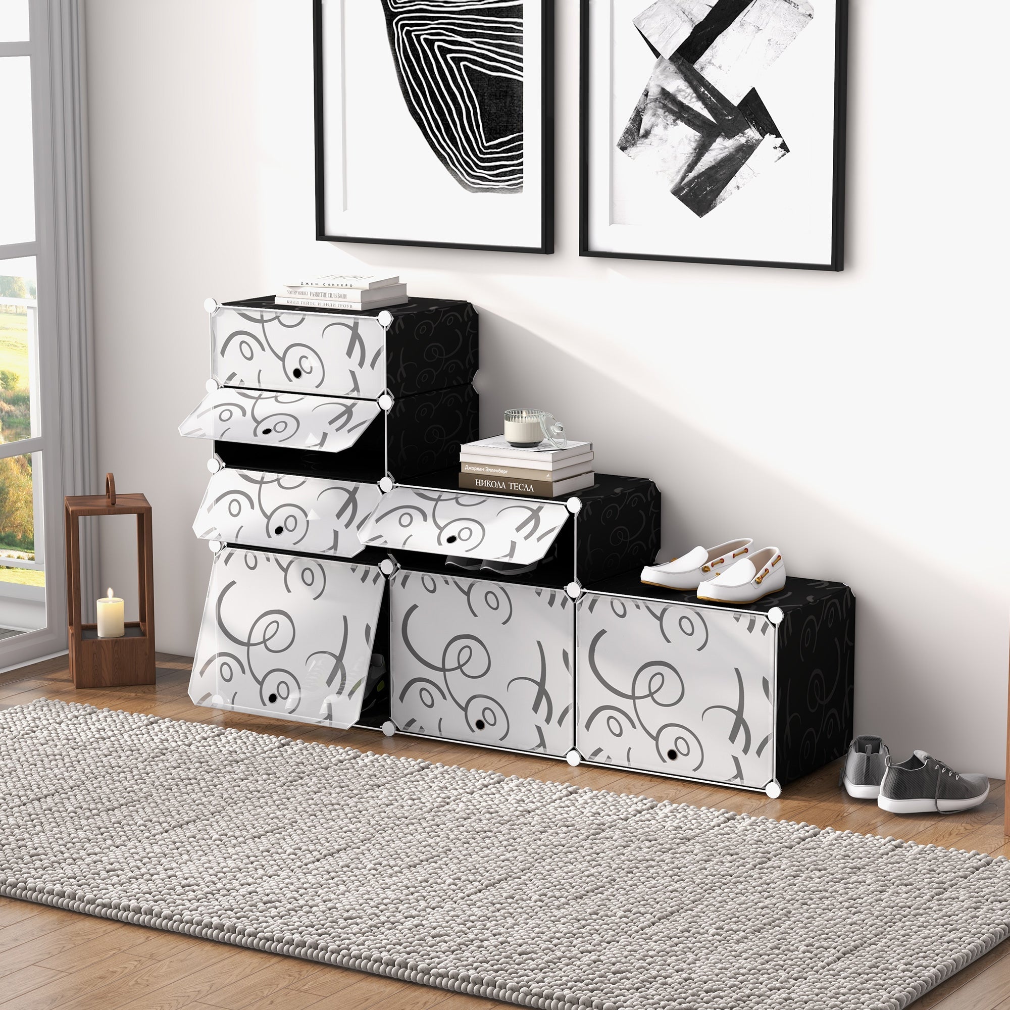 16 Cube Shoe Rack Modular Storage Cabinet 32 Pairs Plastic White and Black