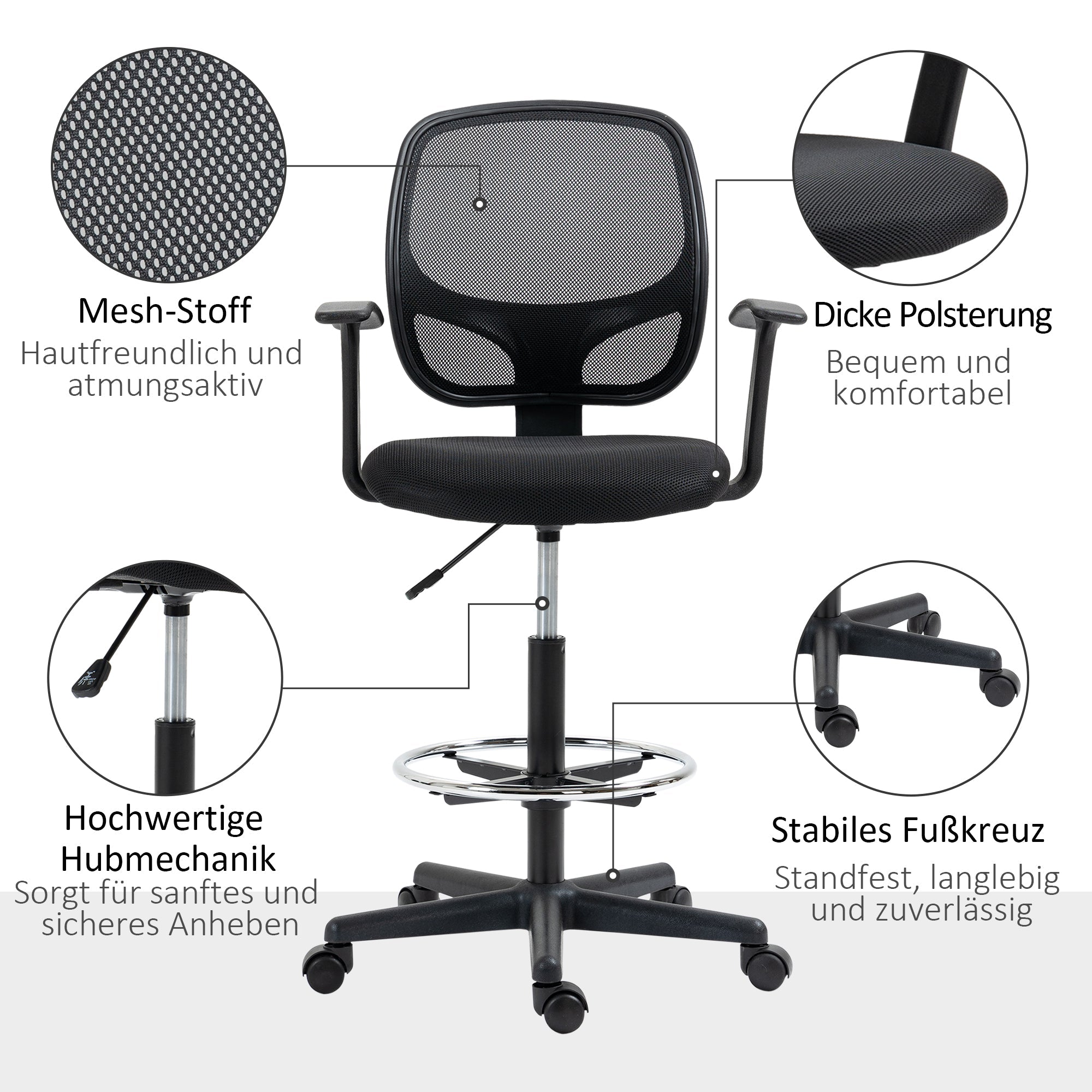 Vinsetto Office Chair Ergonomic Swivel Drafting Adjustable Footrest Black
