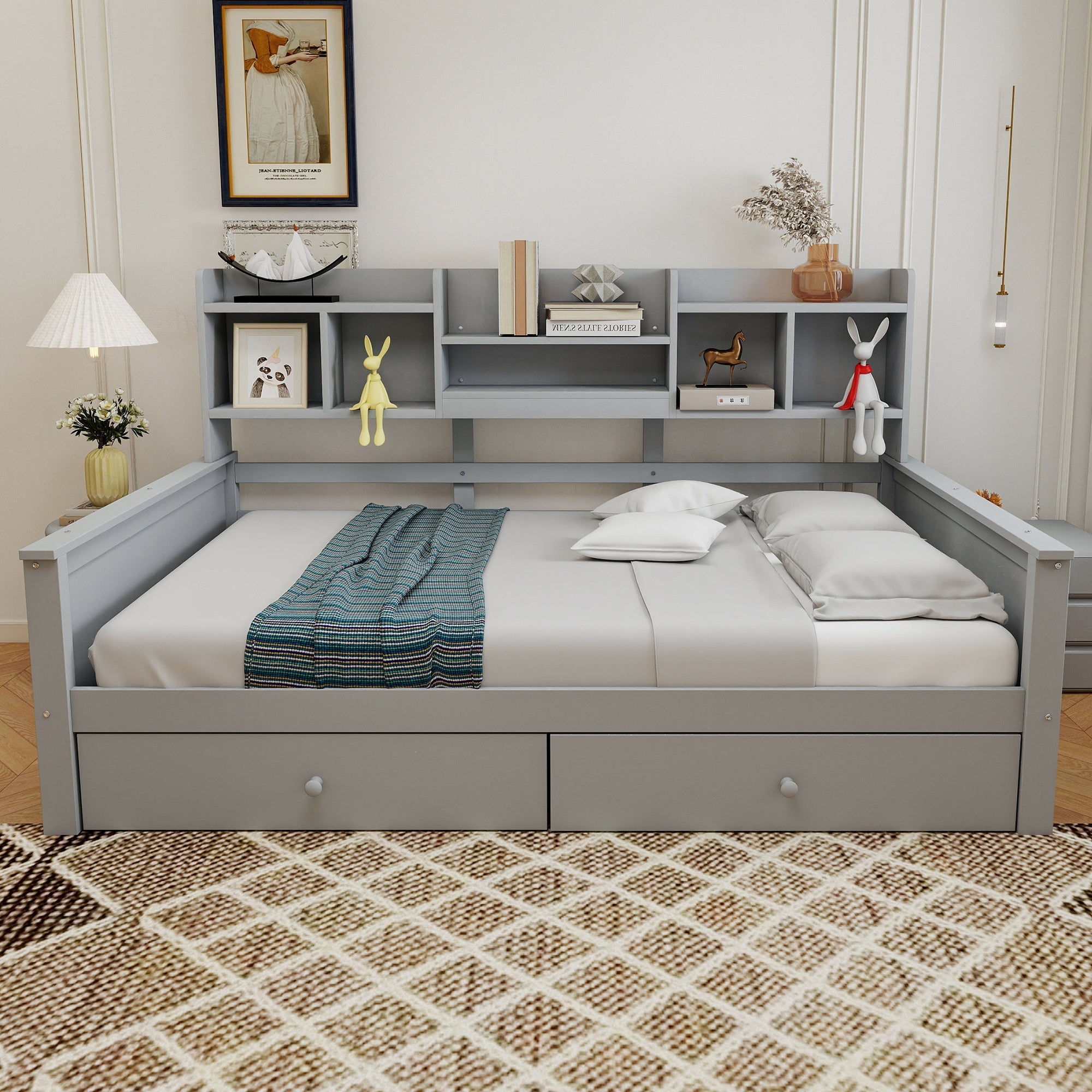 Single Sofa Bed 90x200 with Drawers, Shelves and Slatted Frame, Solid Wood Grey
