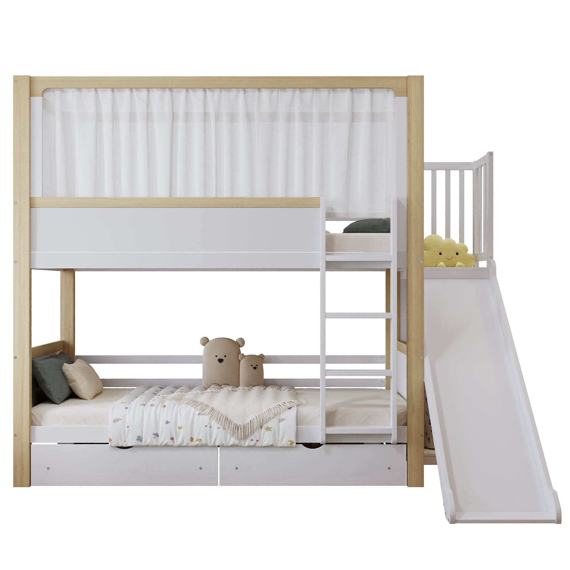Bunk Bed, Children's with Drawers, Slide & Fabric Curtain, Pine, MDF, Plywood, White & Natural, 90x200cm