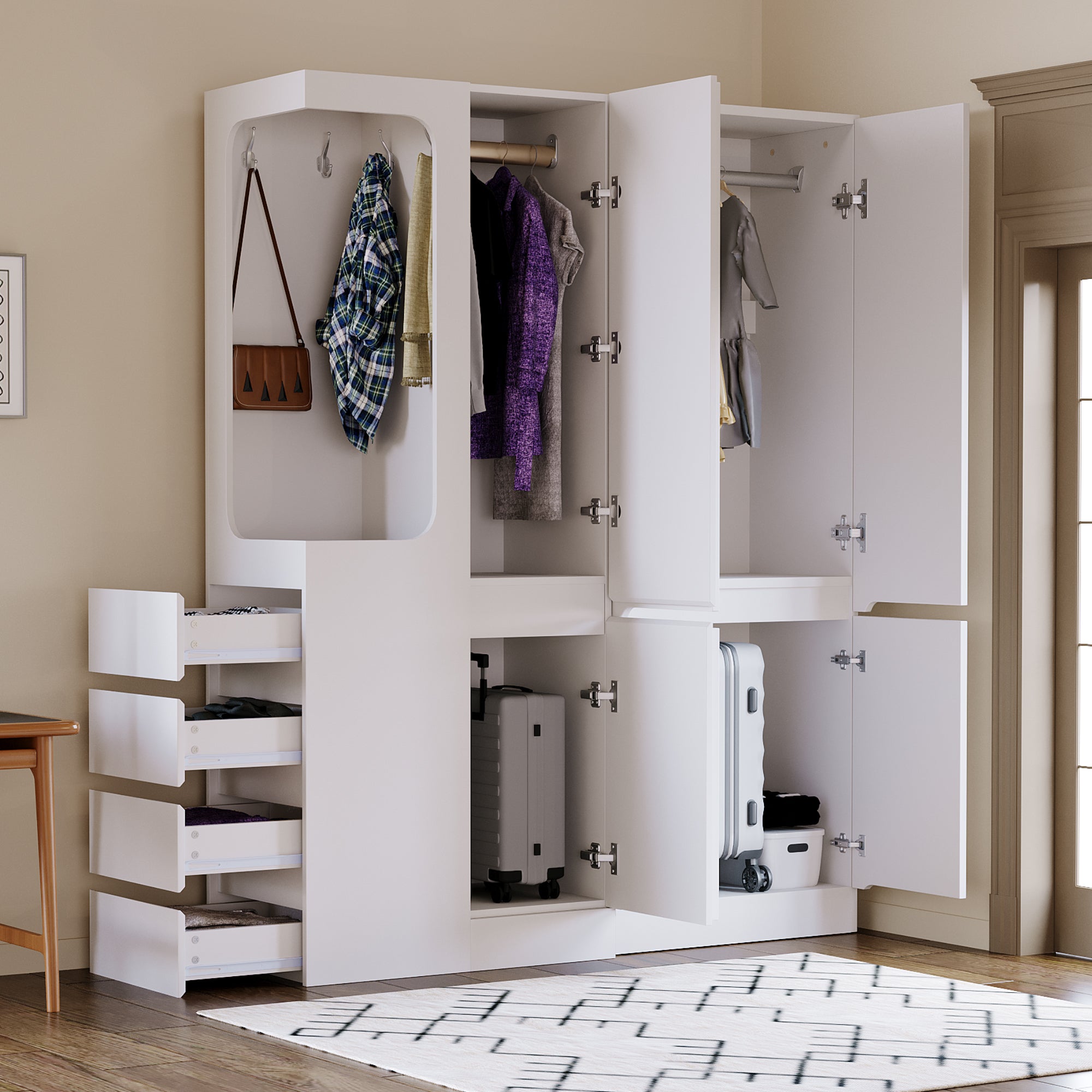 Extra Large Wardrobe with Drawers and Storage Compartments, 140x40x170cm, White