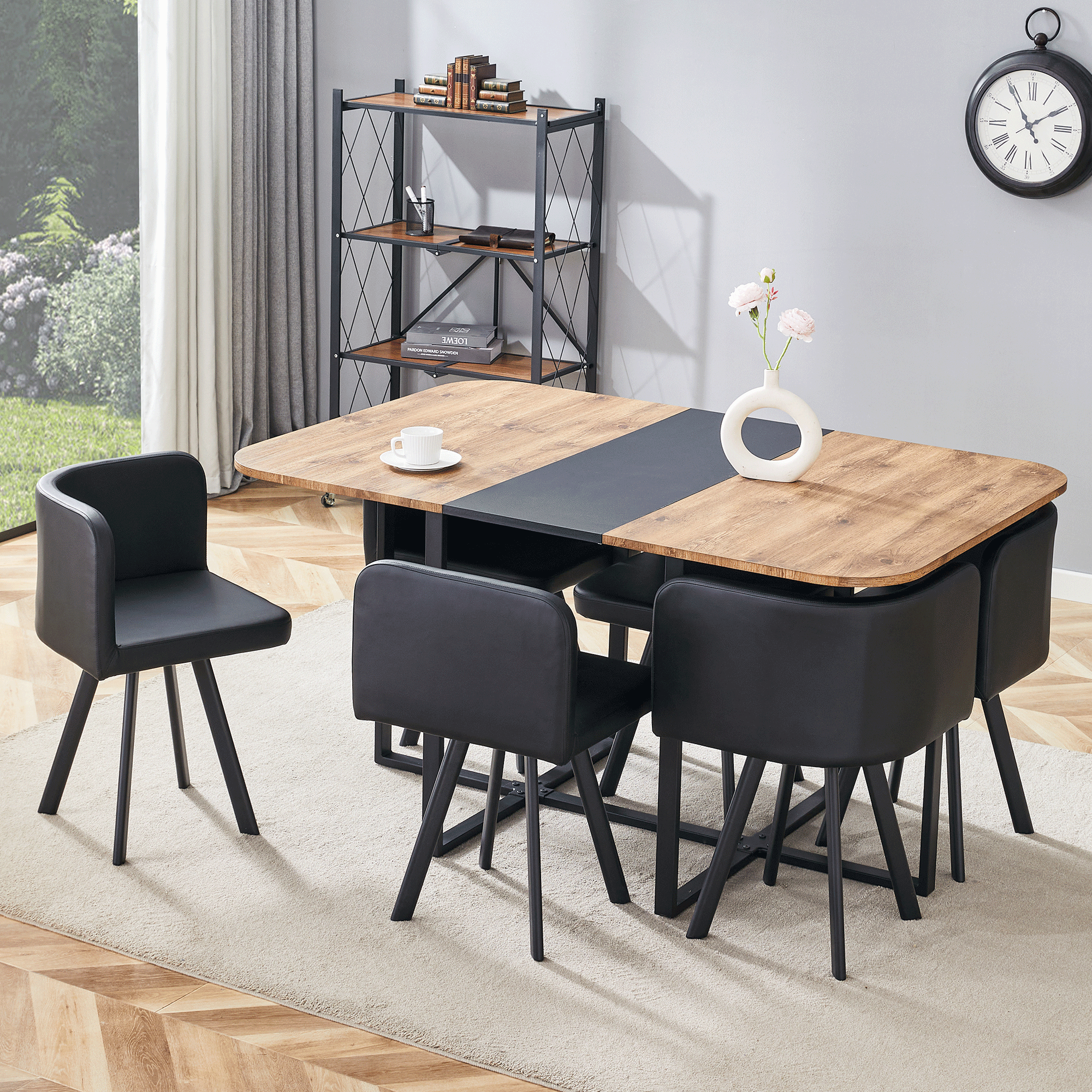 Dining Table Set Extendable Stowable Chairs 4-6 Person Wood Grain Black Metal