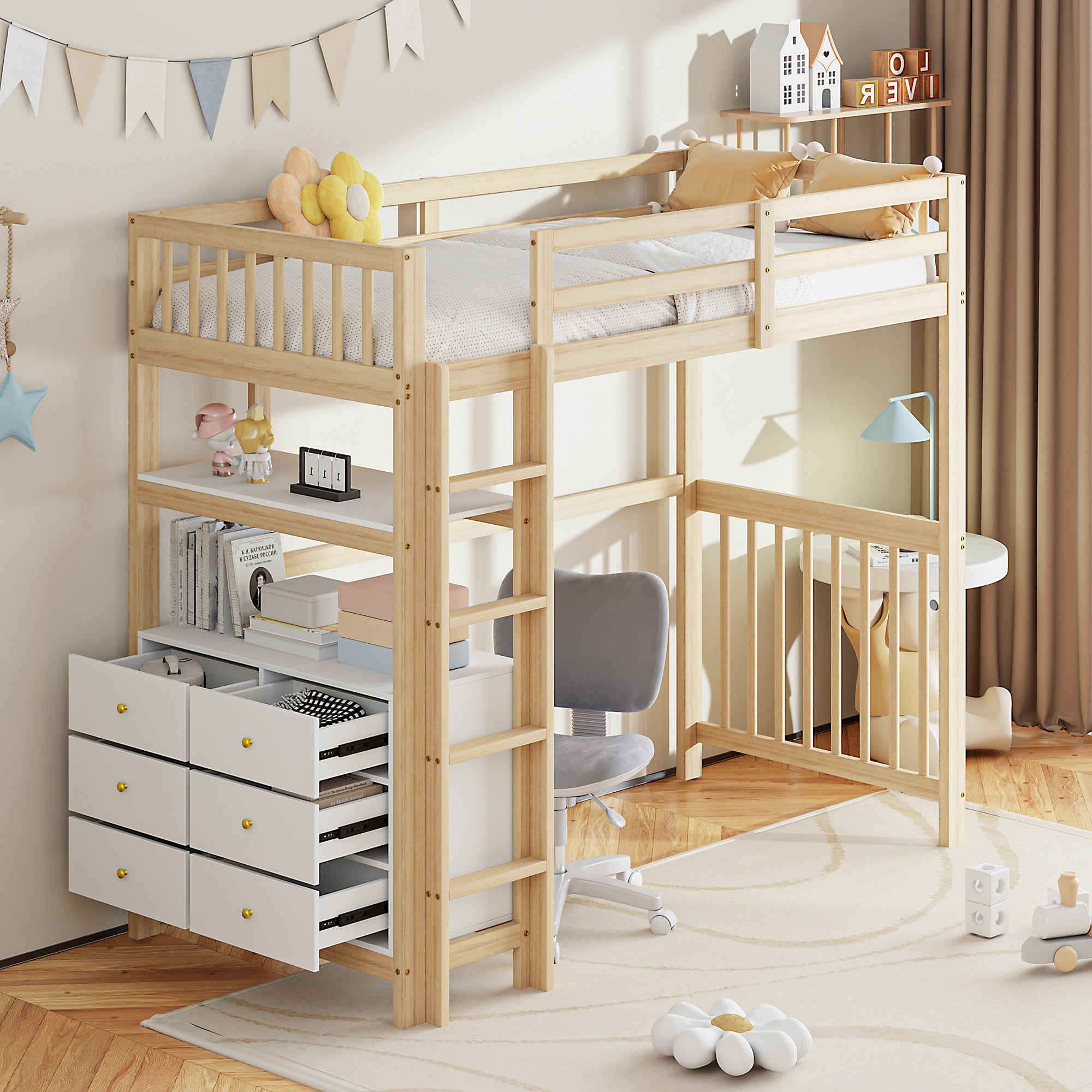 Loft Bed 90*200cm with Ladder, Drawers, Shelves, Pinewood, White & Wood