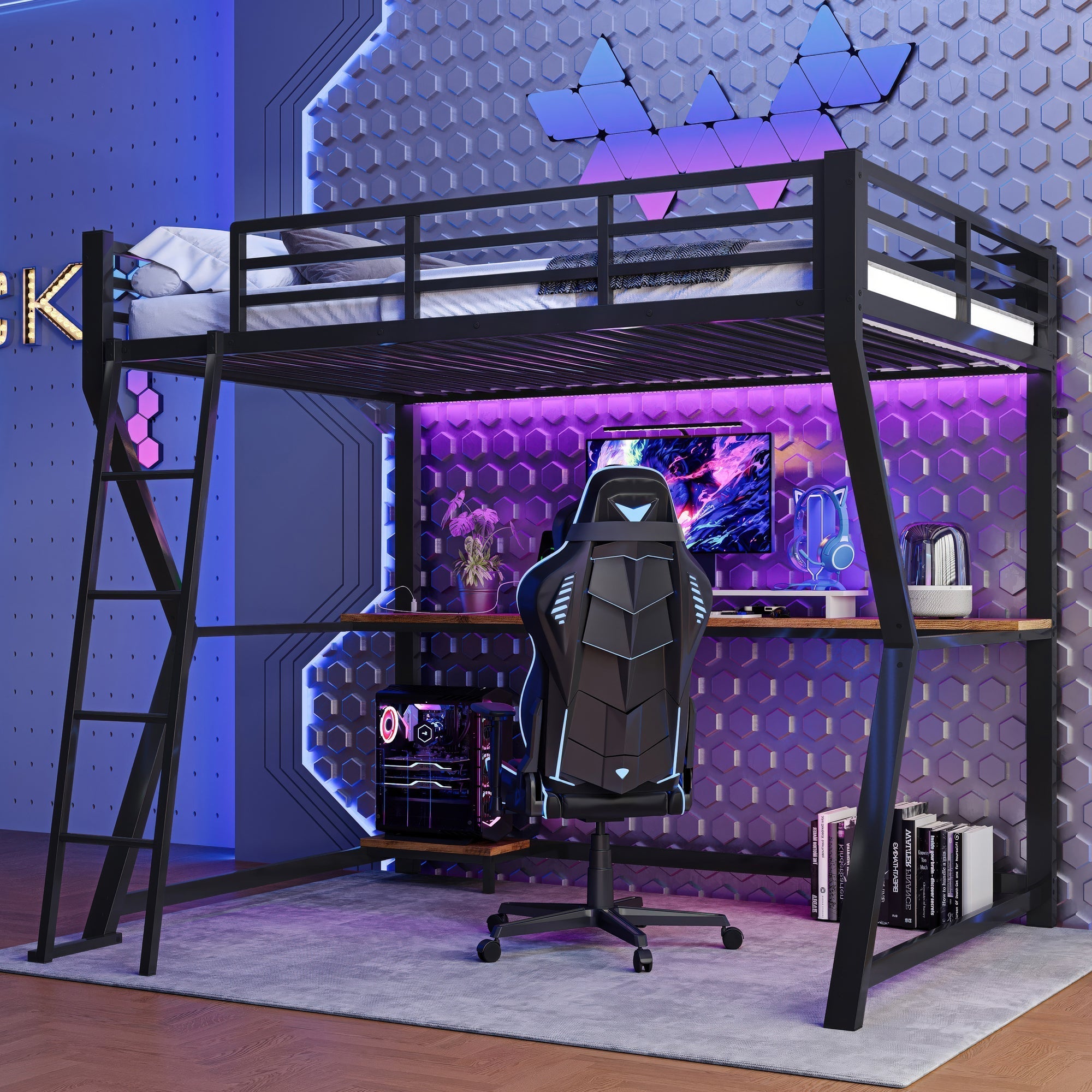 Loft Bed 90x200cm with Desk Storage Stairs LED Lights & USB Port Black