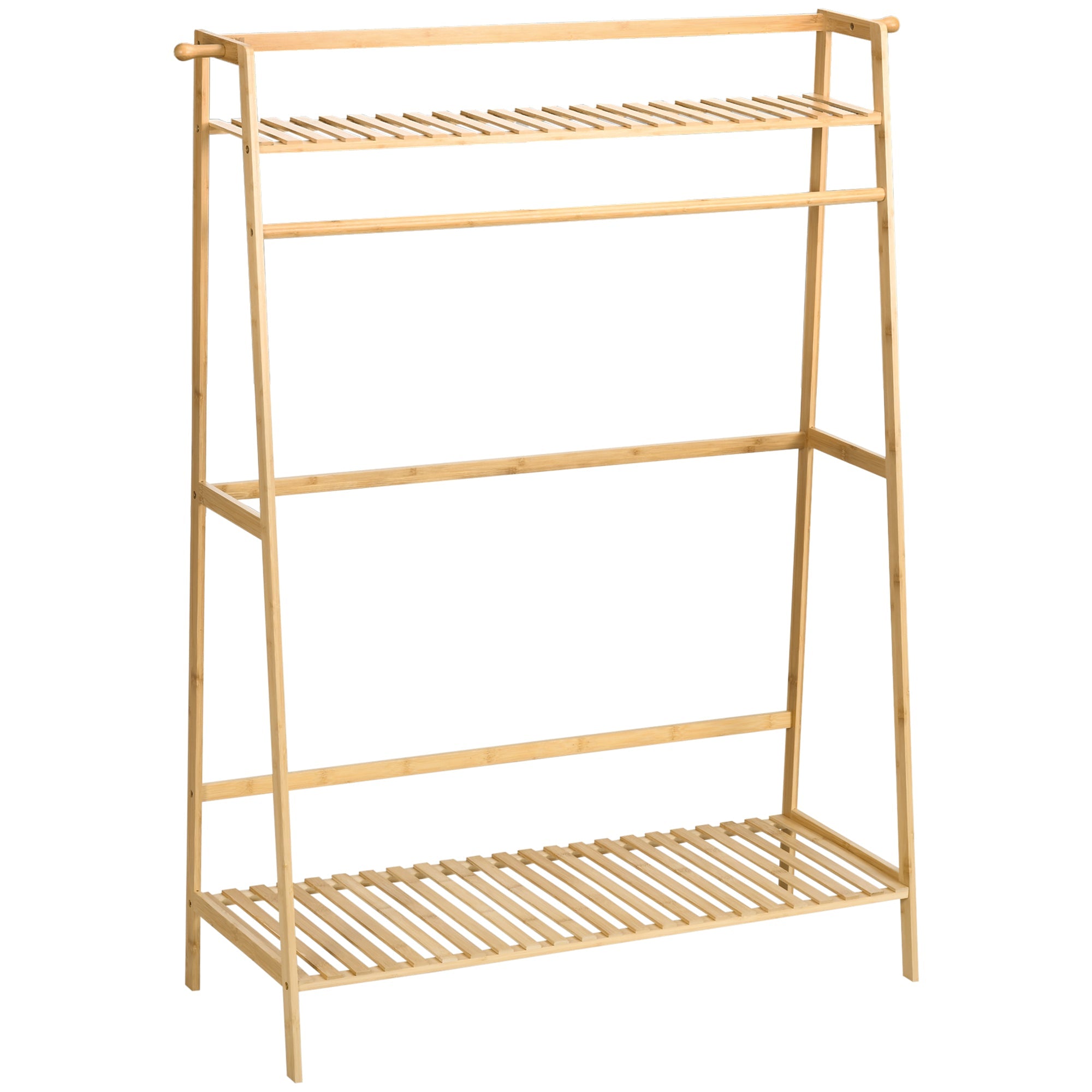 Clothes Rack, 2 Shelves 2 Hooks 1 Rail, Natural Wood