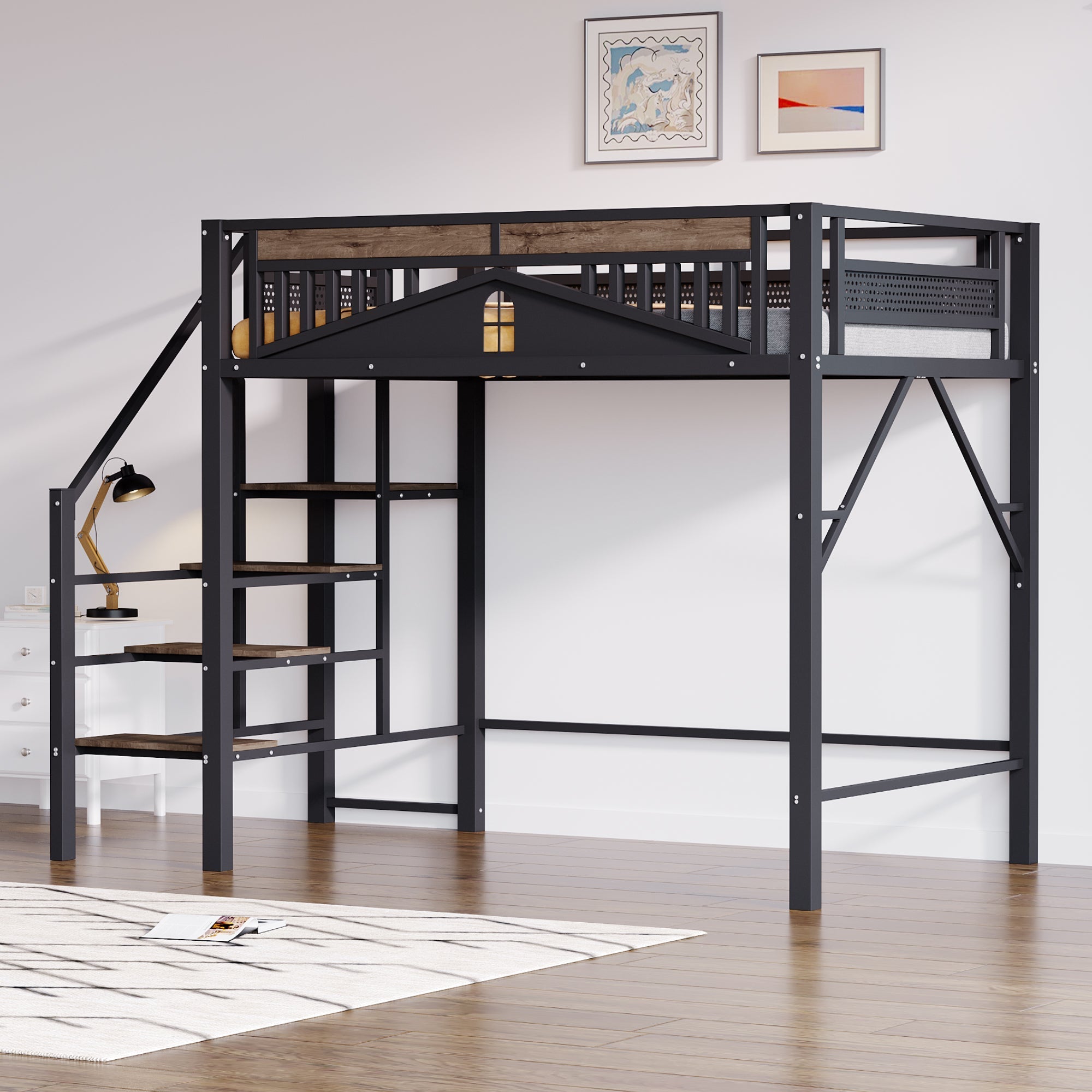 Loft Metal Bed 140x200 cm with Security Steps and Wood Accents, Black or White