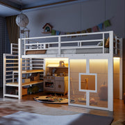 Metal Loft Bed Frame 90x200 cm with Stairs Storage and LED Lighting, White