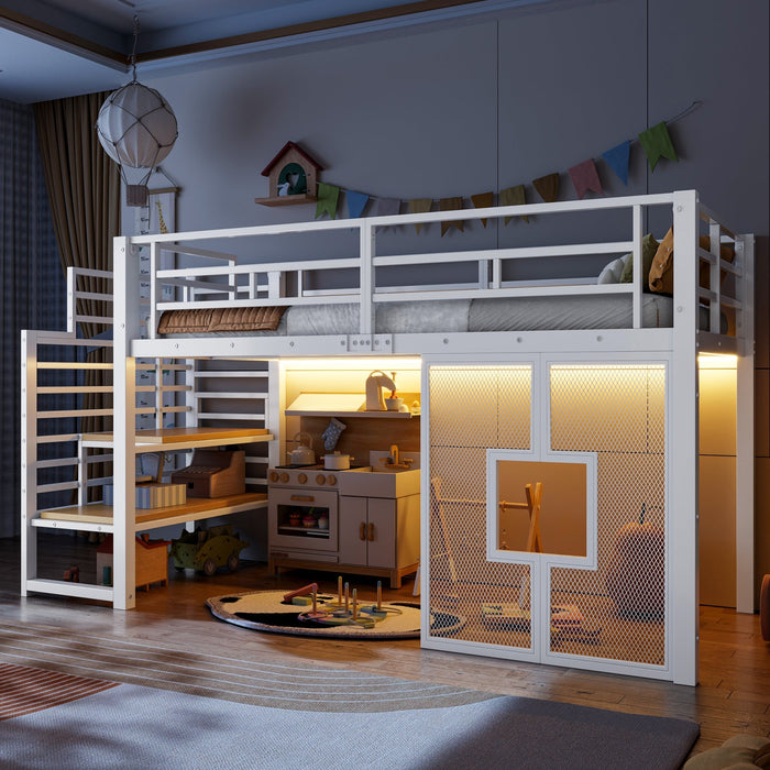 Metal Loft Bed Frame 90x200 cm with Stairs Storage and LED Lighting, White