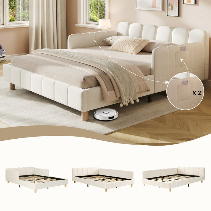 Upholstered Children's Bed with Tufted Headboard and Safety Rail, 140x190cm, Beige Velvet