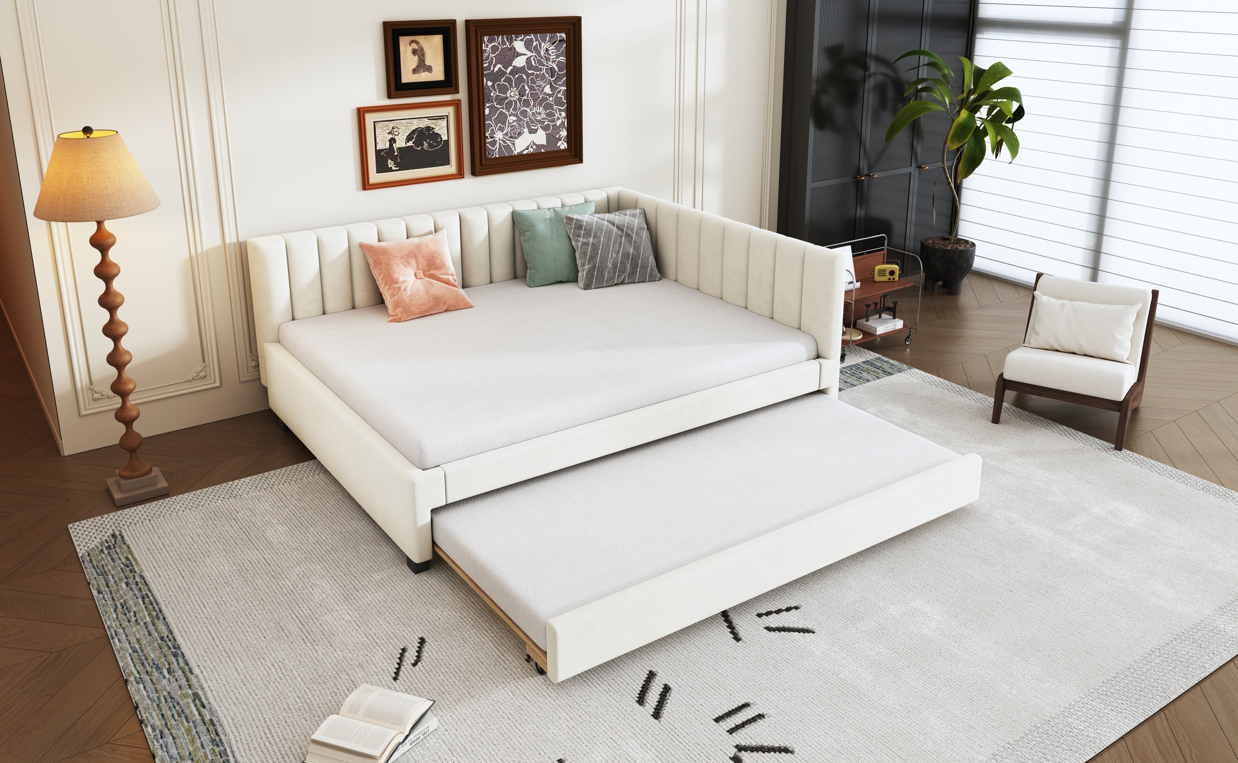 Upholstered Bed 140*200, Pull-Out Sofa Bed with Slatted Frame, Velvet Fabric Beige