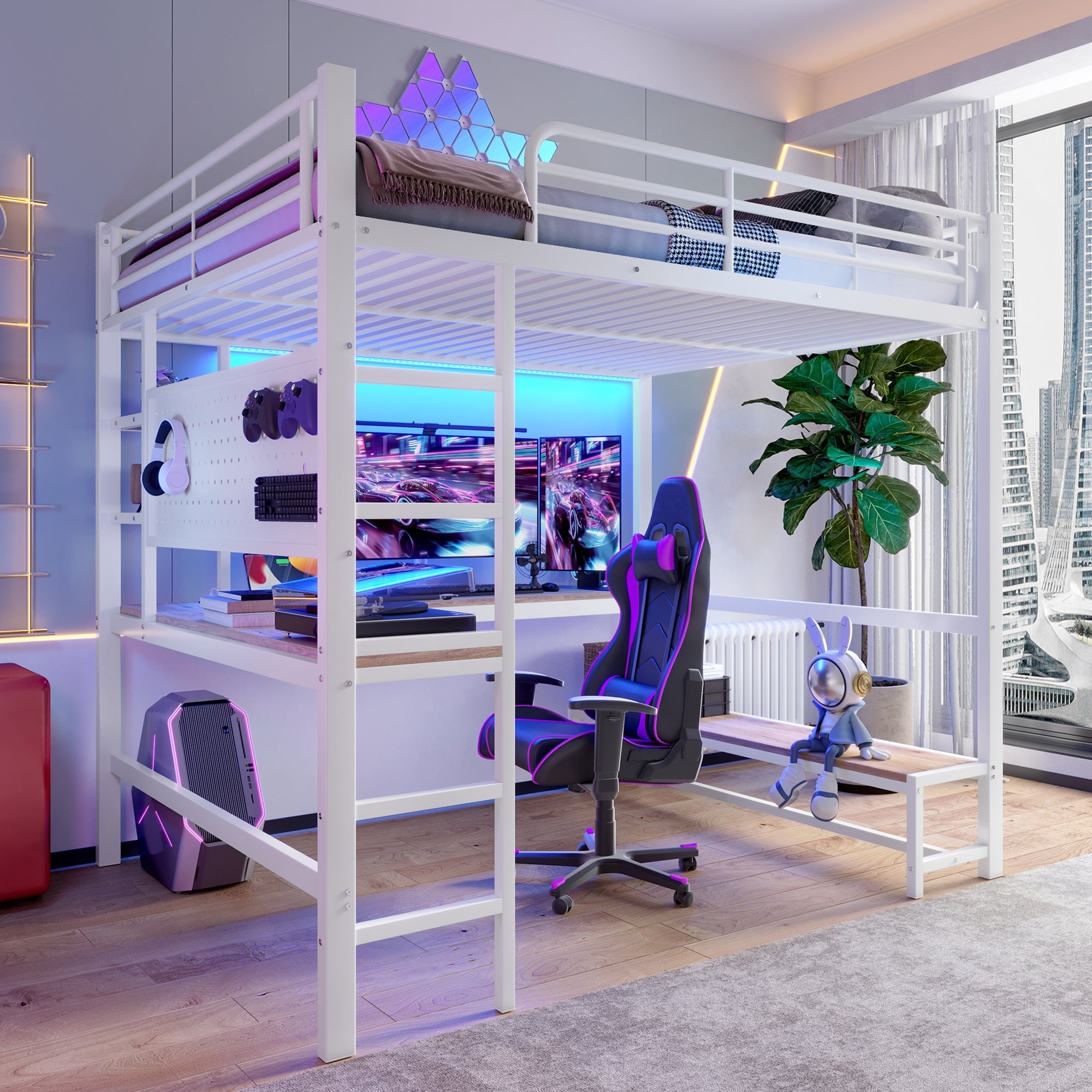 Loft Bed with Desk, Shelves, LED and USB Sockets, White Metal and MDF