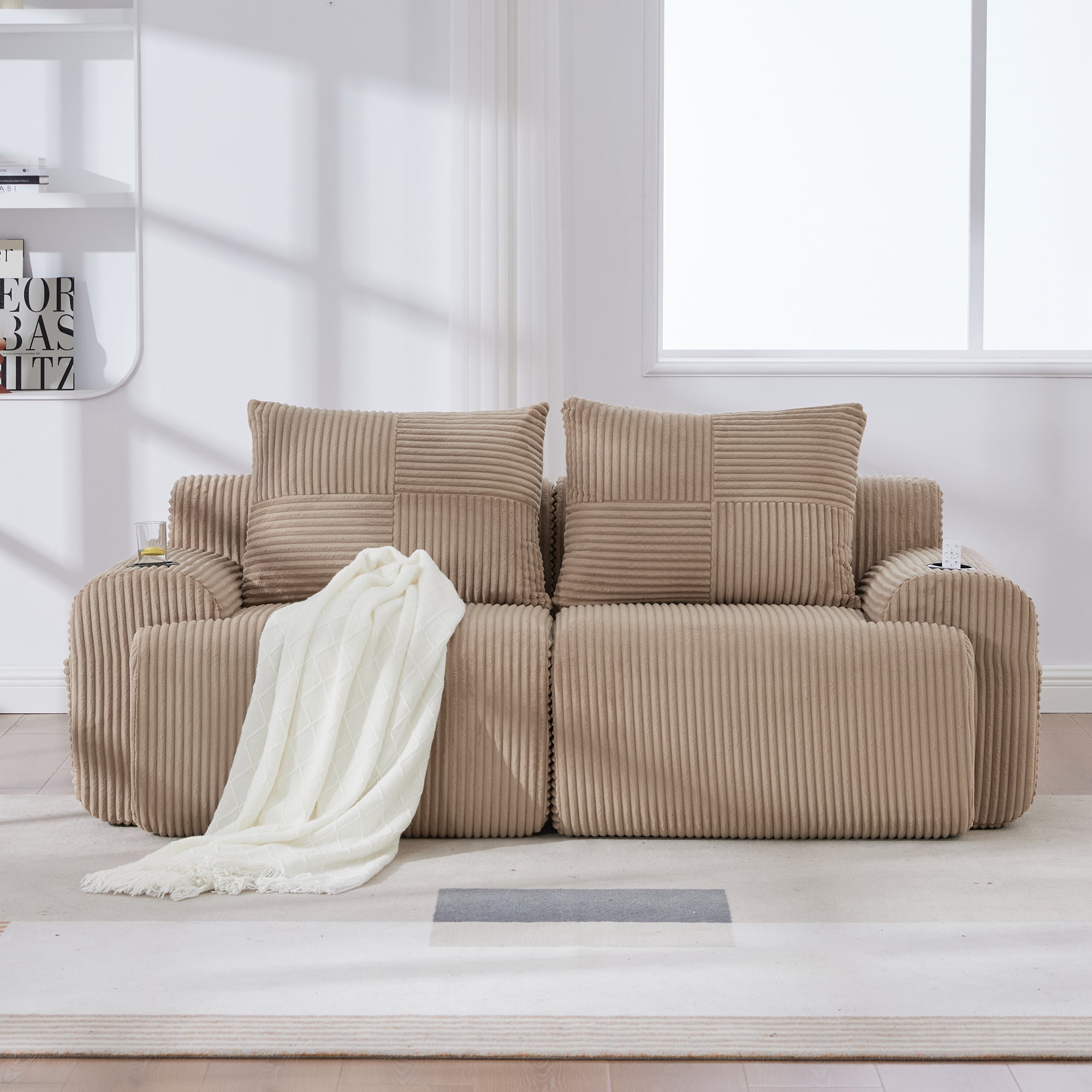 Modular 2-Seater Sofa with Cup Holder and Storage Pocket, Khaki Corduroy