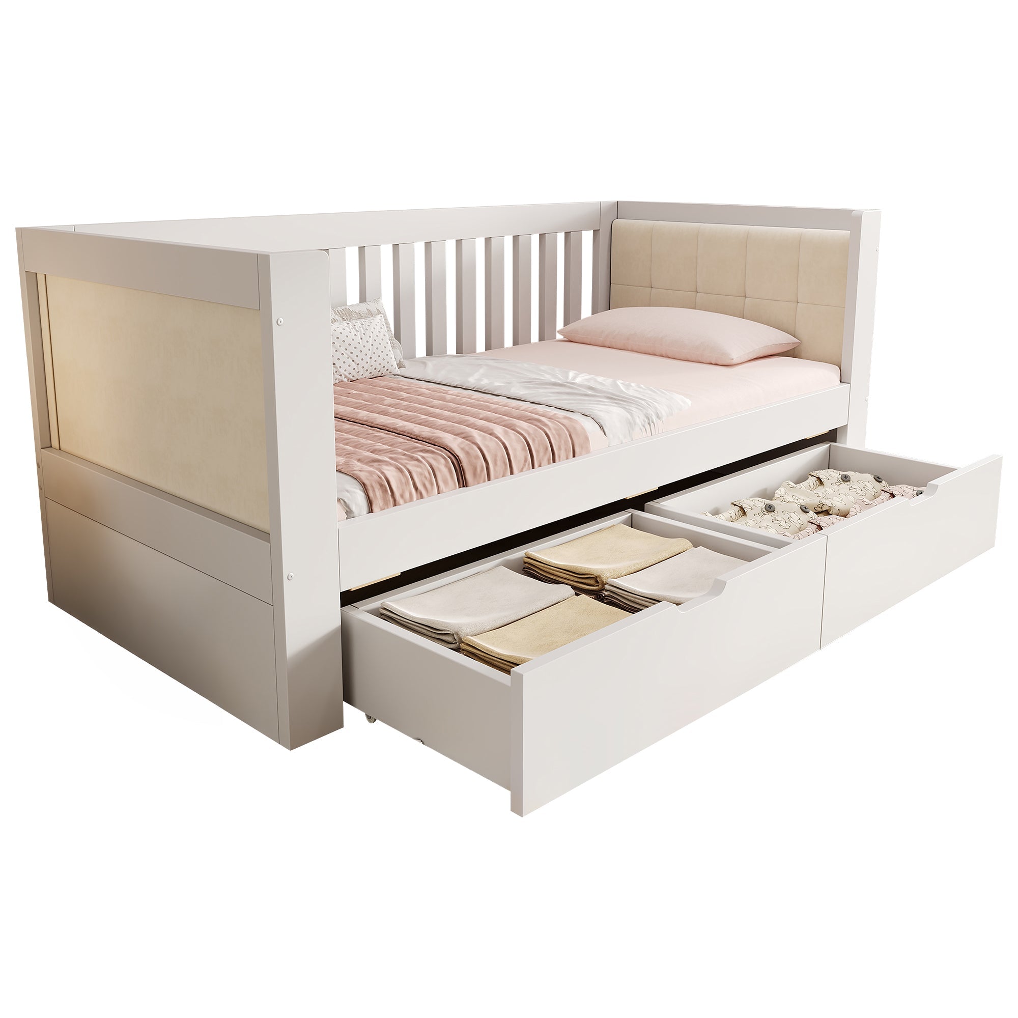 Sofa Bed with 2 Drawers and Rounded Armrests, 90x200cm, White Wood