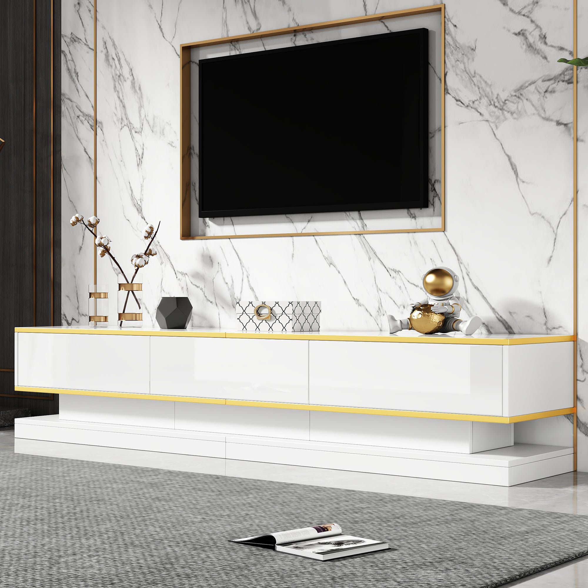 TV Cabinet, 200x40x40cm Lowboard with 3 Drawers, High-Gloss, Warm White with Gold Edge