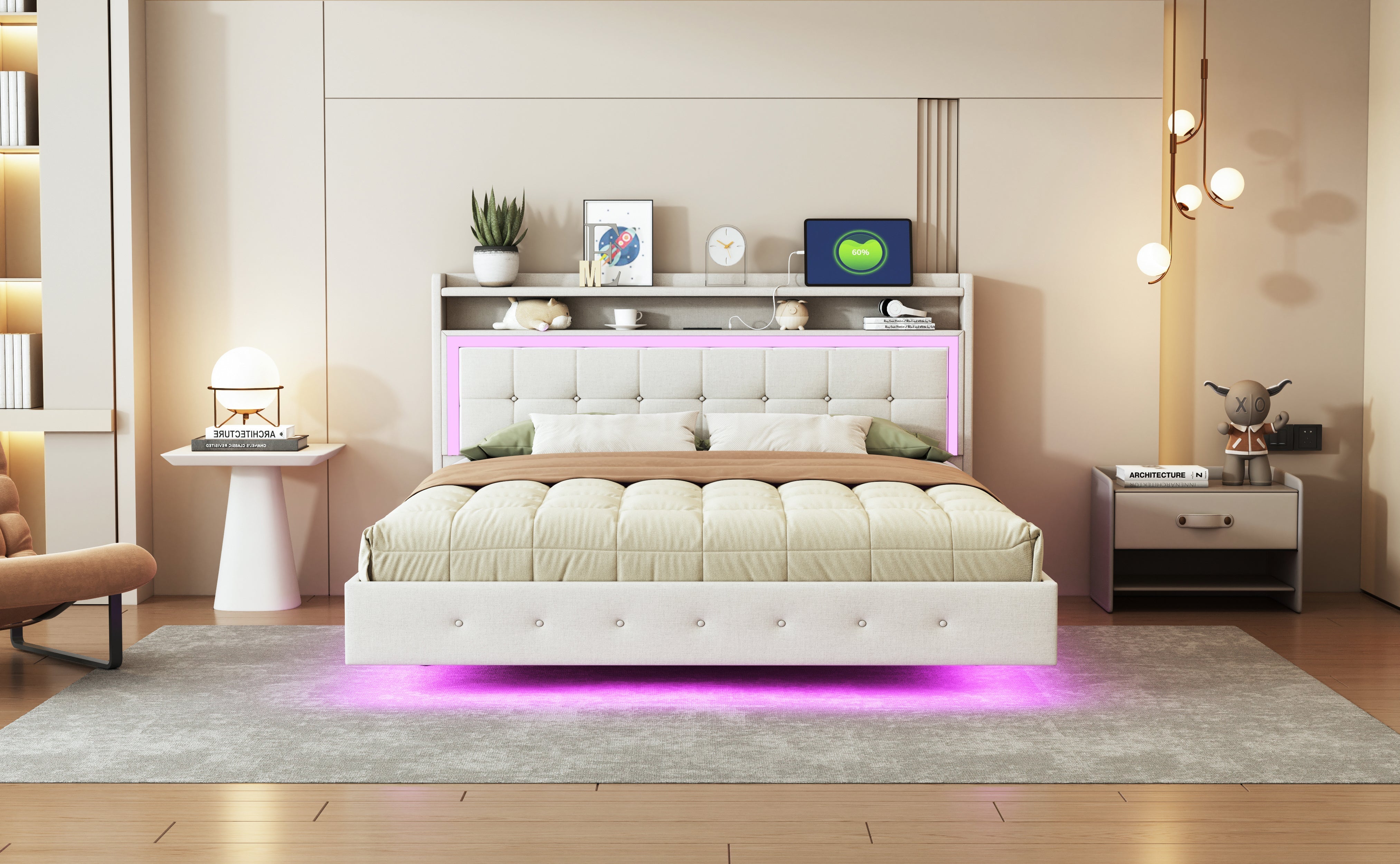 Upholstered Bed 160*200, USB & LED, Double Flat, Linen Fabric Beige