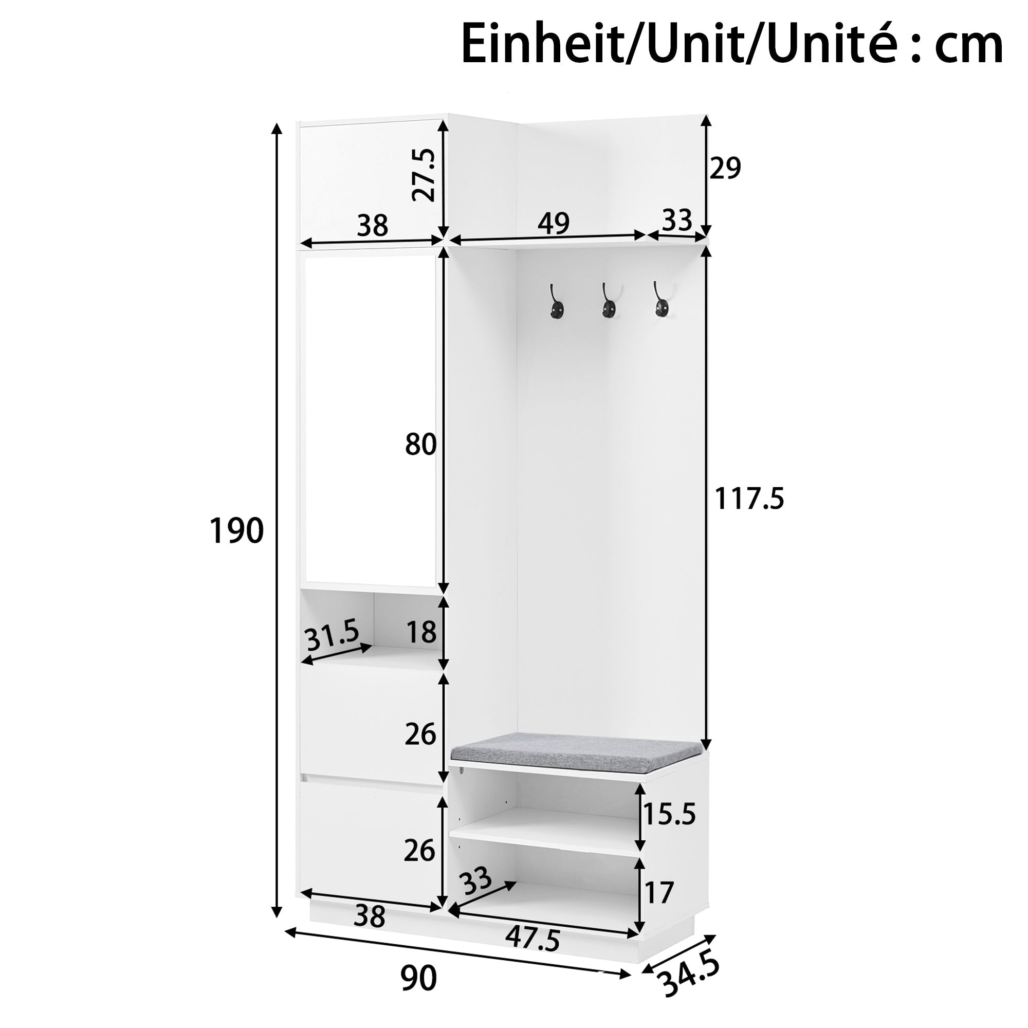 Compact Wardrobe with Mirror, Bench & Shoe Cabinet, White MDF