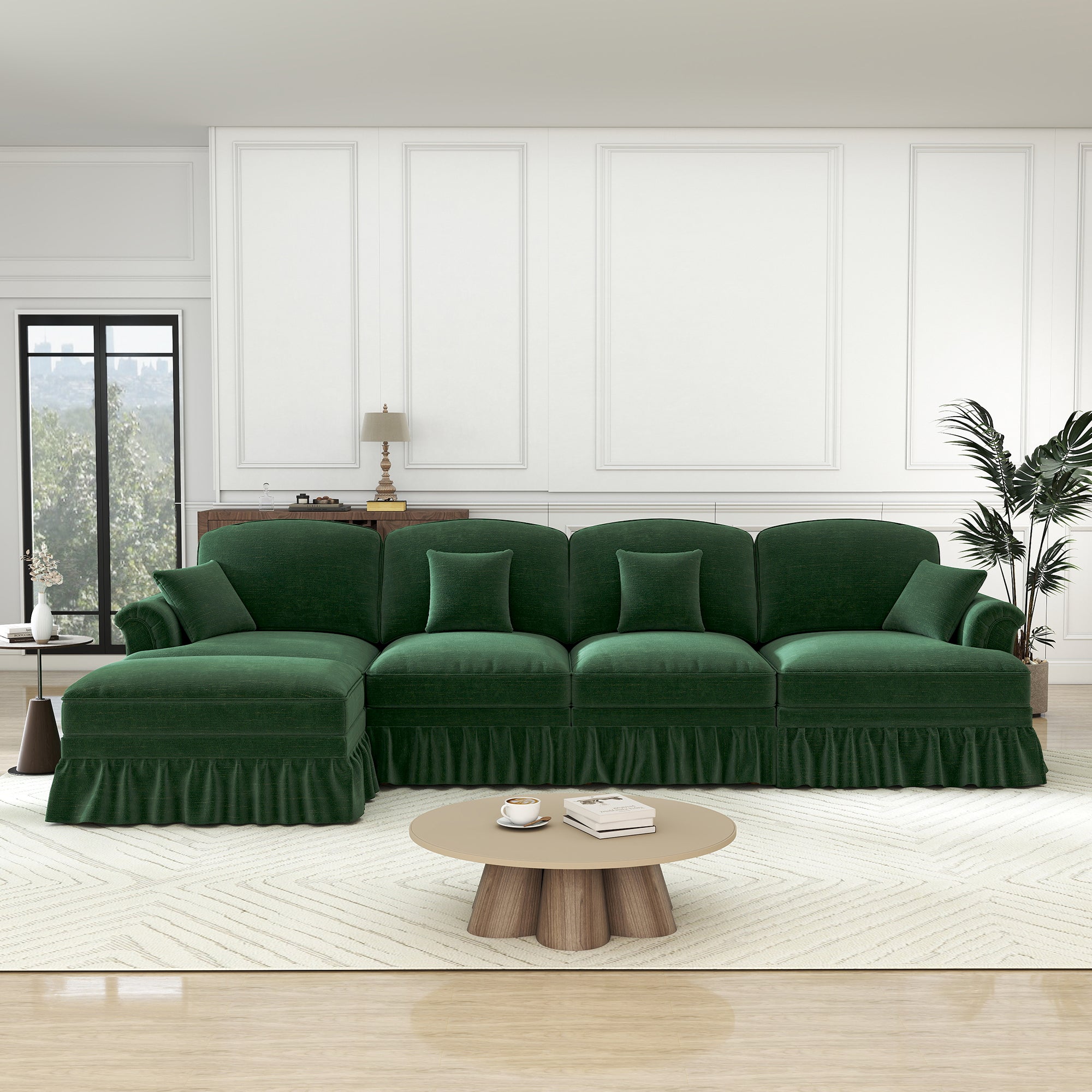 Classic Modular L-Shaped 4-Seater Sofa w/ Movable Ottoman Deep Seat, Chenille Green