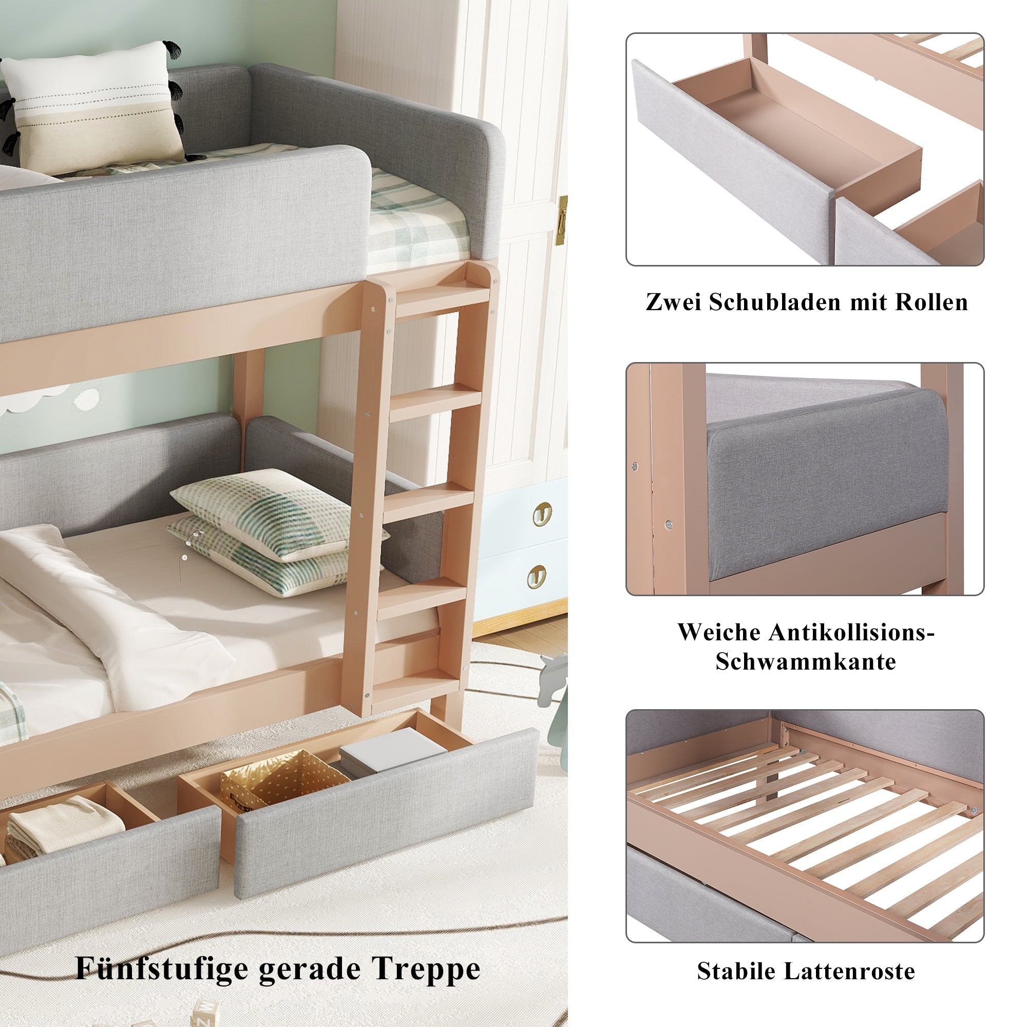 Bunk Bed with Anti-Collision Edge, Straight Staircase and Two Drawers, 90x200cm, Grey and Natural Rubberwood + MDF
