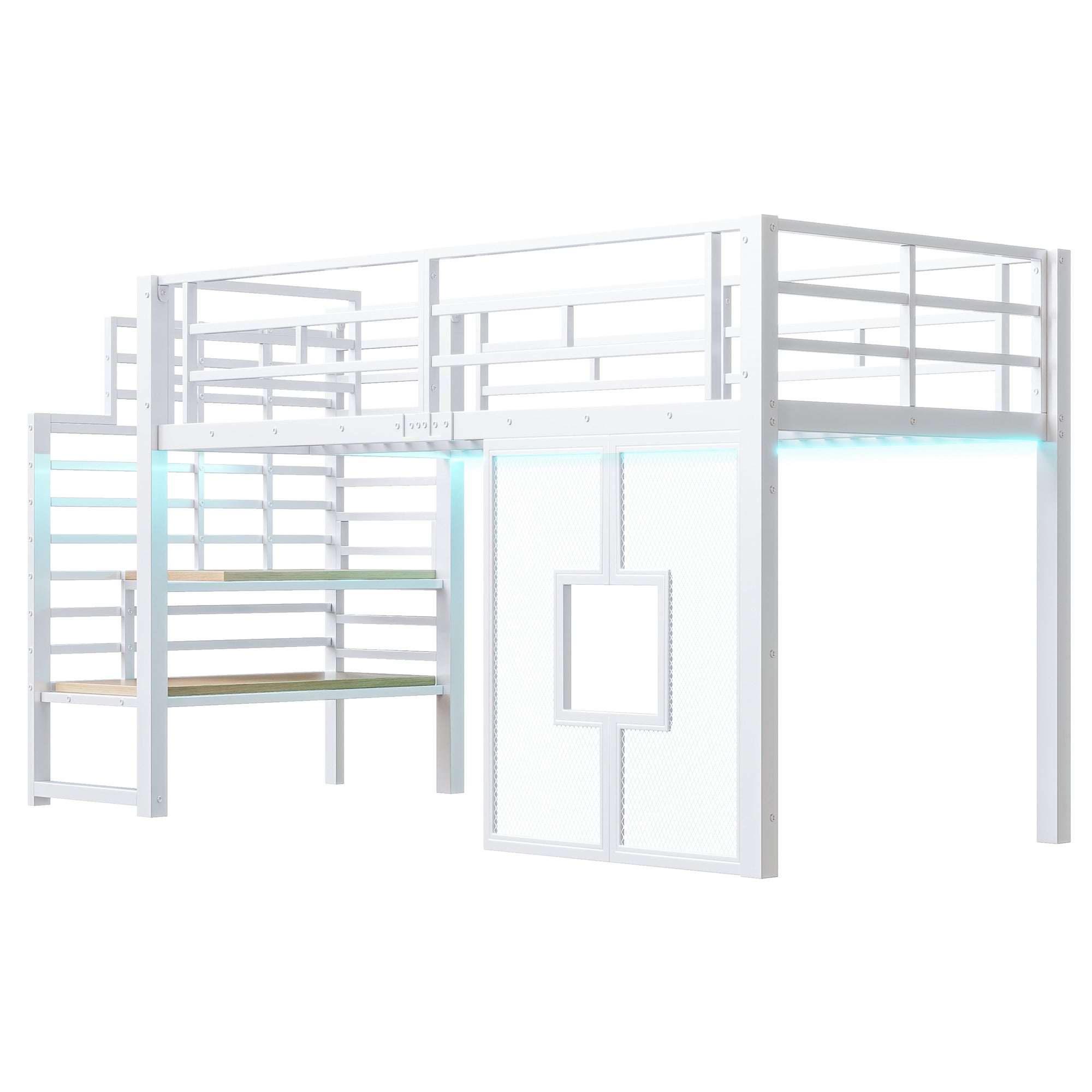 Metal Loft Bed Frame 90x200 cm with Stairs Storage and LED Lighting, White